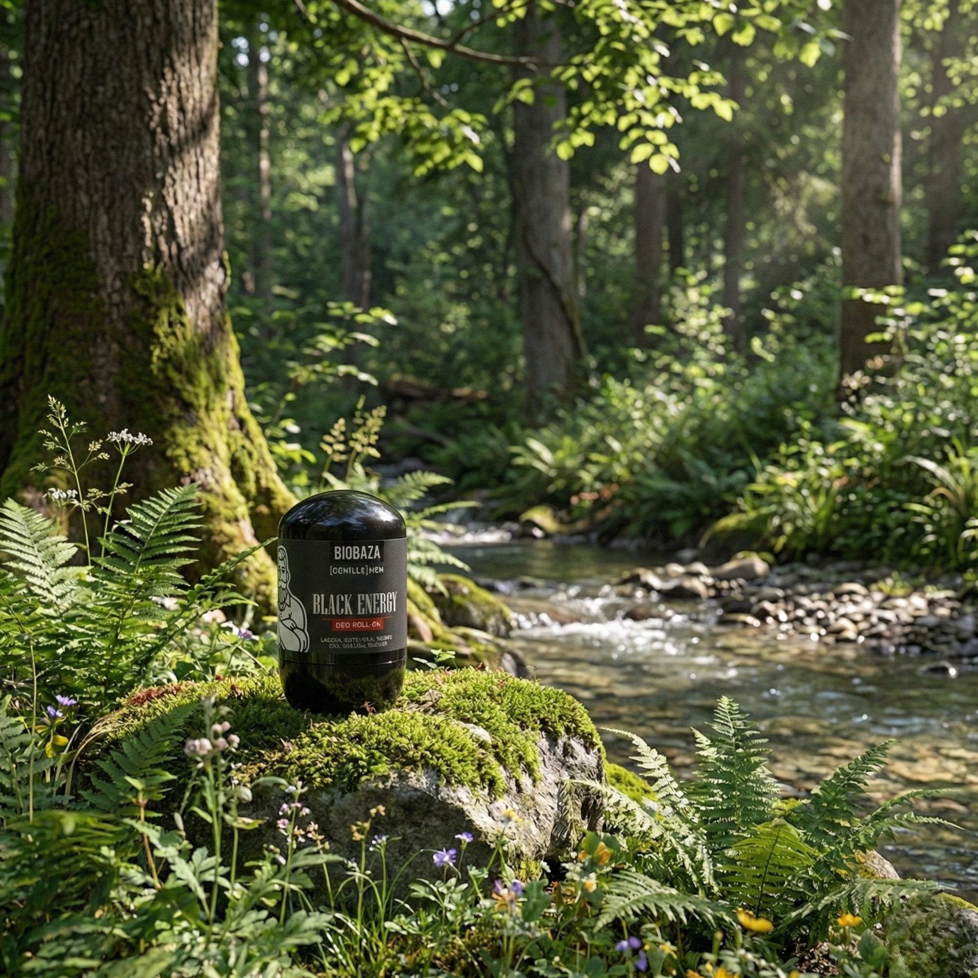 Schwarzer Deo Roll-On auf einem bemoosten Stein in einem Wald. Aufschrift: BIOBAZA [GENTLE MEN] BLACK ENERGY.