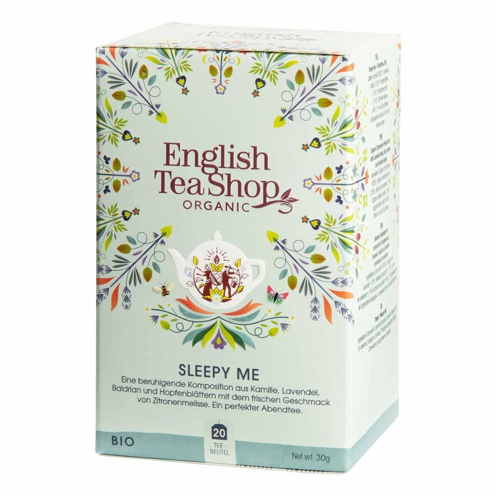 English Tea Shop Sleepy Me BIO-Teebox. 20 Teebeutel. Aufdruck mit Teekanne und floralen Elementen.