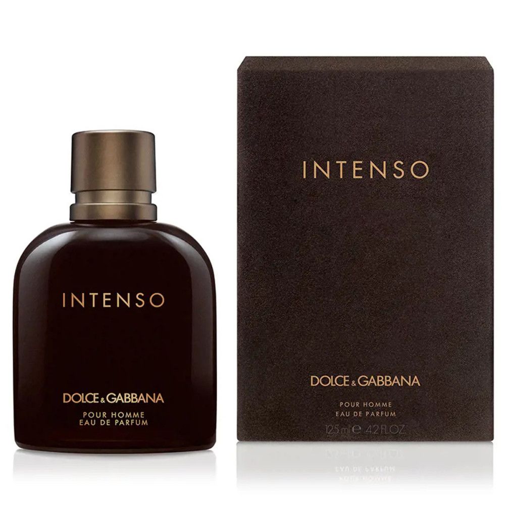 Dunkelbraune Flasche und Verpackung. Aufschrift INTENSO, DOLCE & GABBANA, Pour Homme. EdP Nat. Spray. 125 ml.