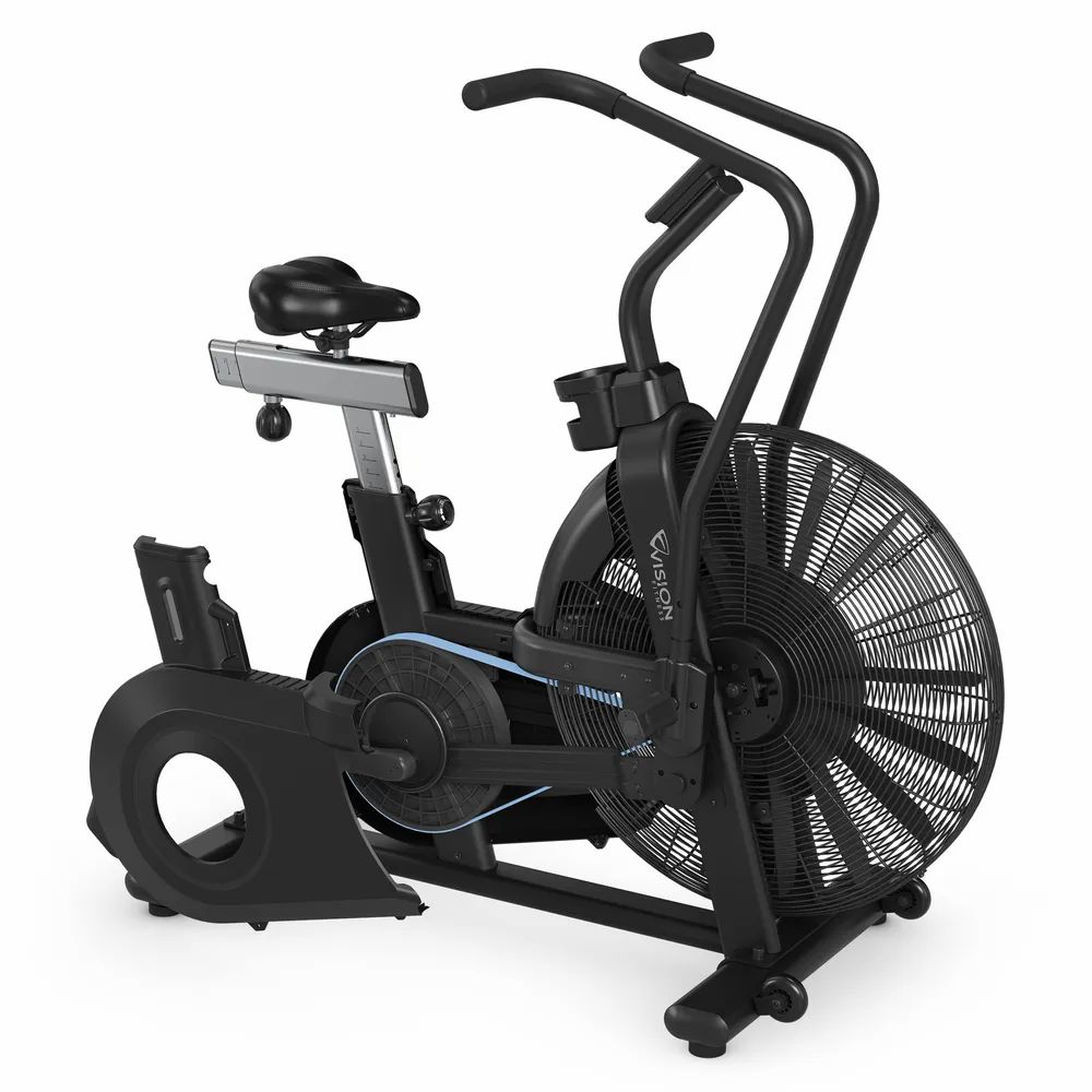 Schwarzes Air Bike mit Lüfterrad, Sattel, Griffen und Pedalen. Vision-Logo auf dem Gehäuse.