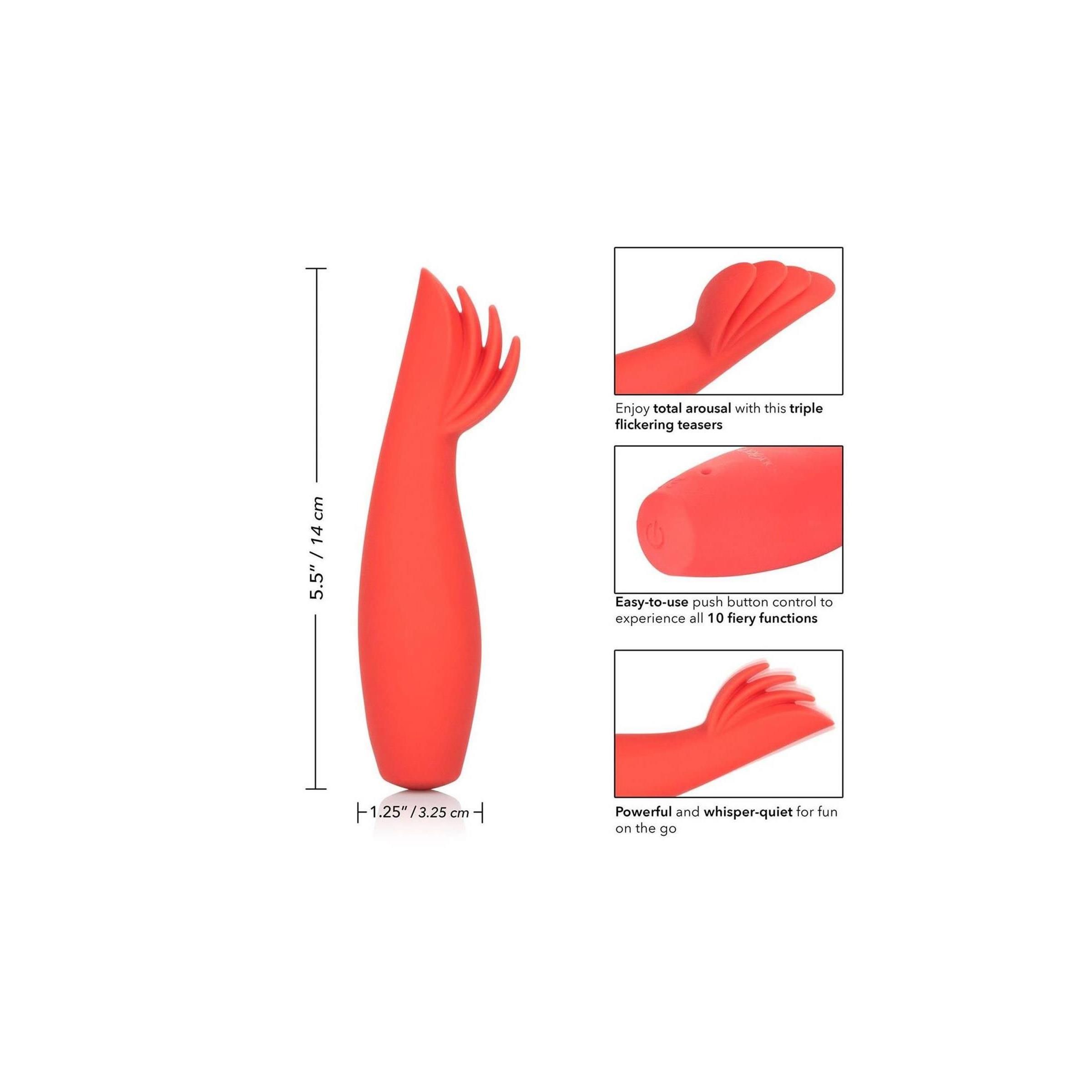 Orangener Vibrator mit Maßen 1,25/3,25 cm x 5,5/14 cm. Abbildungen: Details, Bedienfeld, Anwendung.