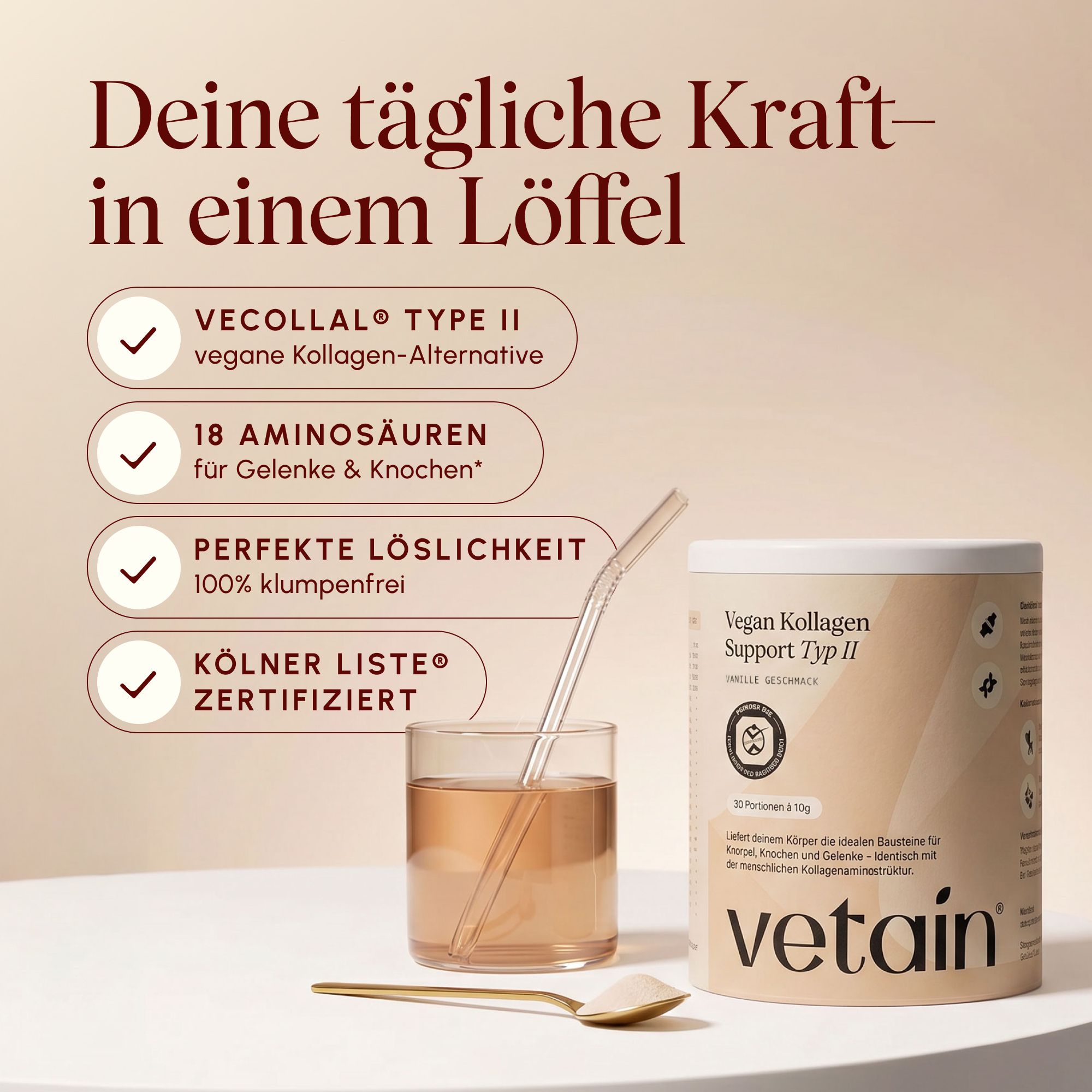VETAIN Kollagenpulver Vegan - VeCollal®, Vitamin C, Kurkuma, Zink & Biotin - Für Knochen & Gelenke