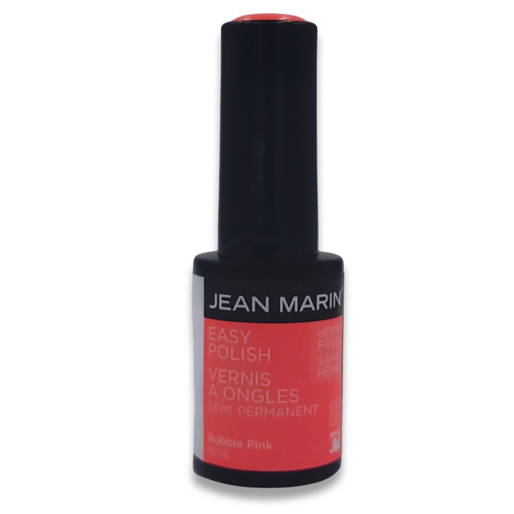 Nagellackflasche mit schwarzem Deckel. Aufschrift: Jean Marin, Easy Polish, Vernis à Ongles Semi Permanent. Farbe: Bubble Pink.