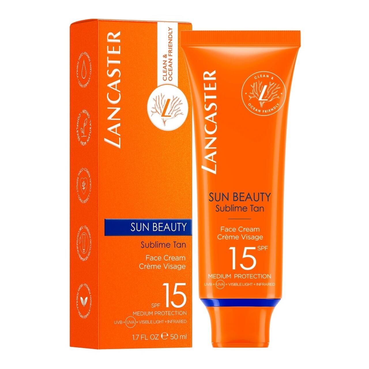 Sonnencreme-Tube und Verpackung. Text: Lancaster, Sun Beauty, SPF 15. 'Clean & Ocean Friendly'.