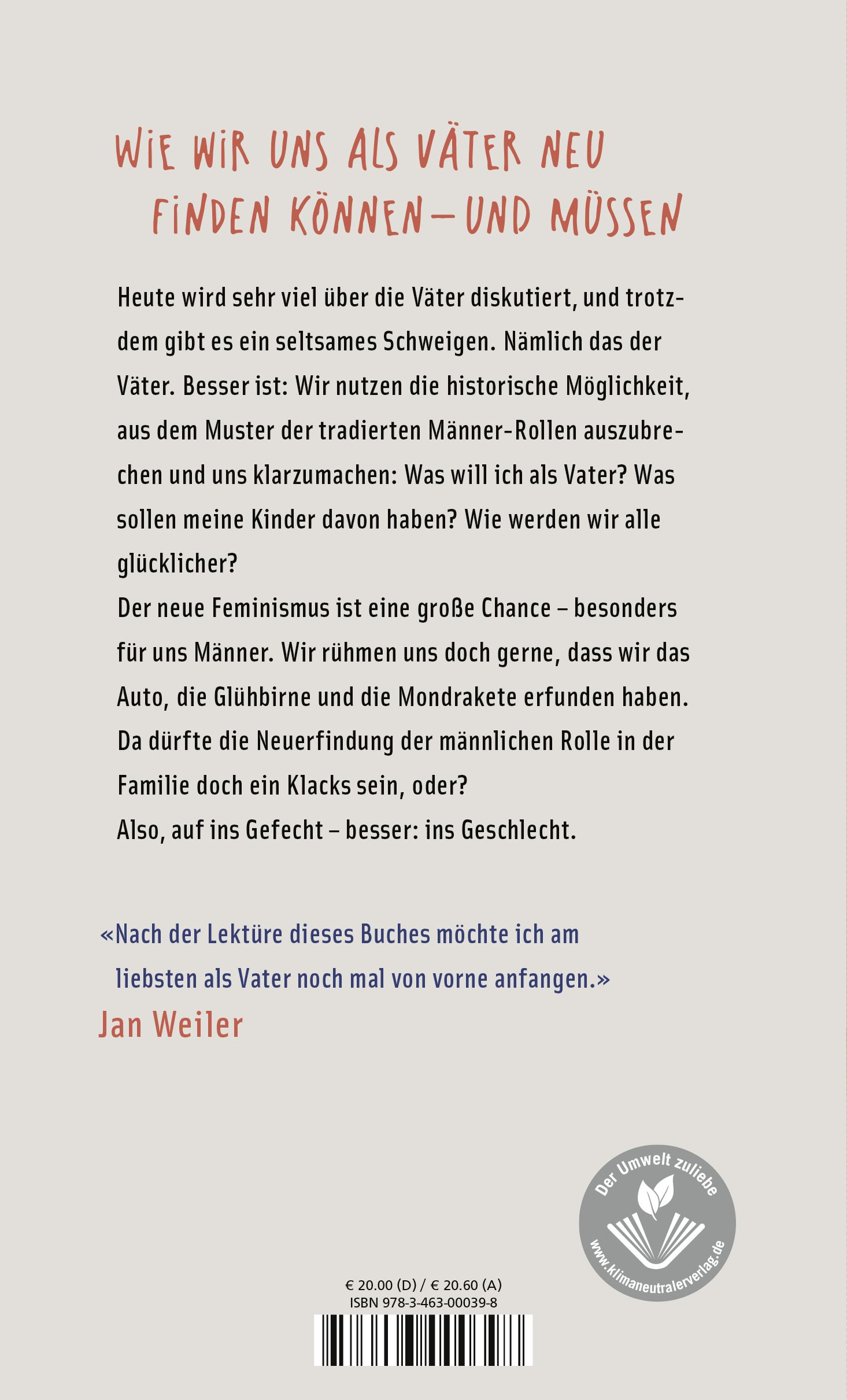 Buchrückseite "VATERSEIN". Text über Vaterschaft. Zitat von Jan Weiler. Umweltzeichen.