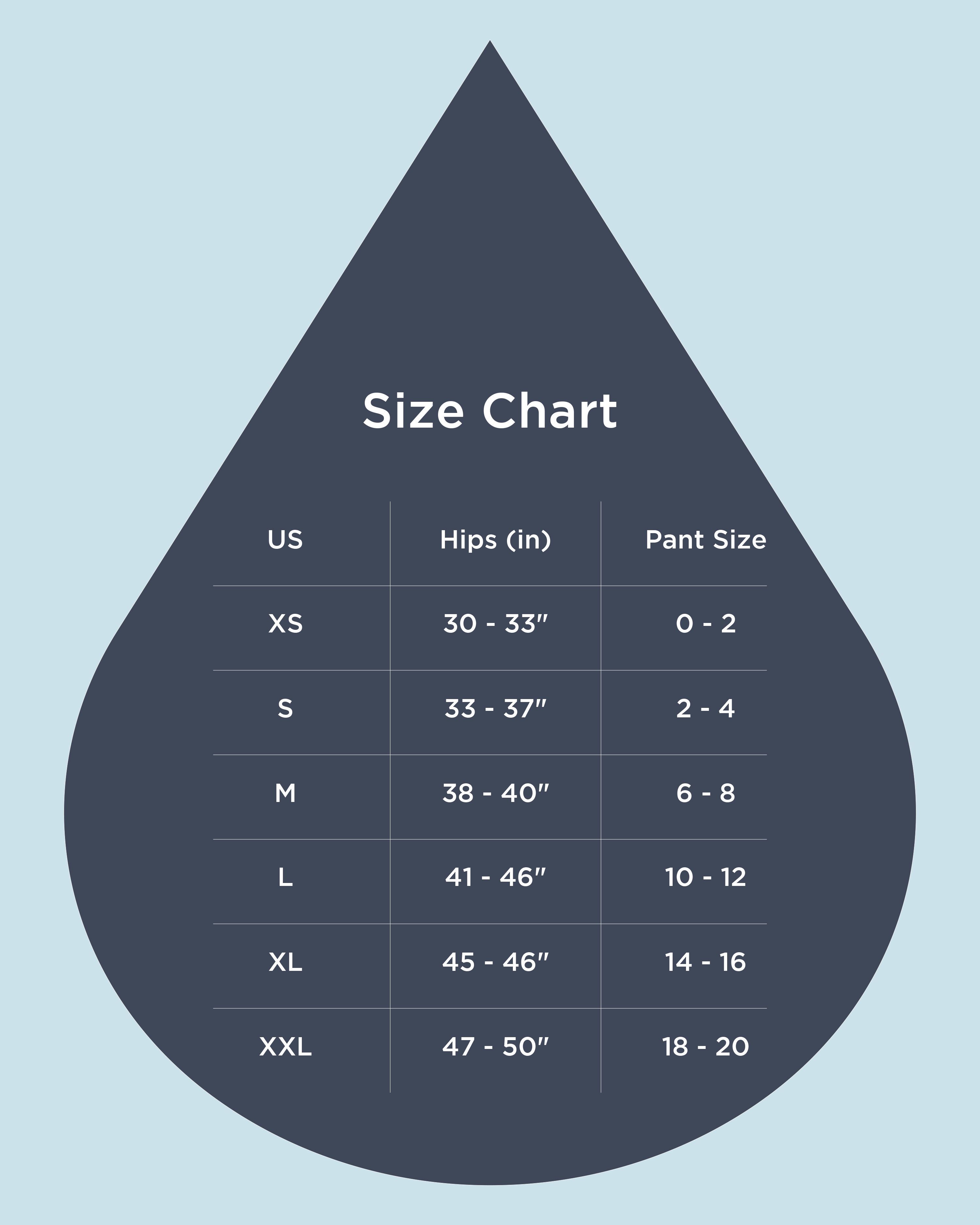 Größentabelle für Saalt Comfort Brief. US-Größen, Hüftumfang (Zoll) und Hosengrößen.