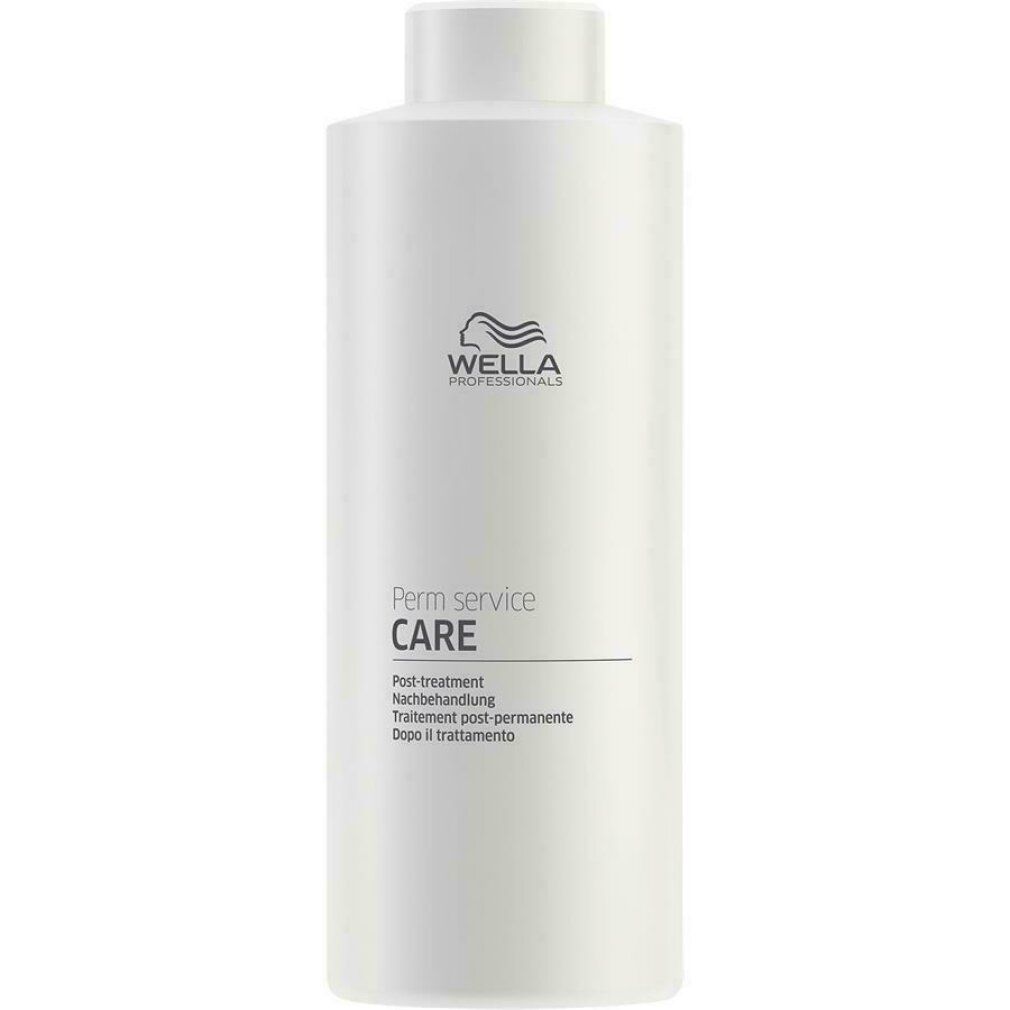 Weiße Flasche mit Wella-Logo und Schriftzug 'Perm service CARE'. Text darunter: Post treatment, Nachbehandlung, Traitement post-permanente, Dopo il trattamento.
