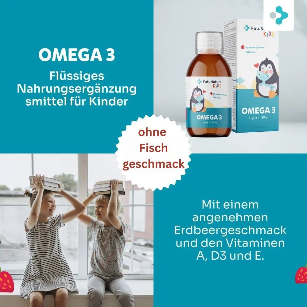Blauer Hintergrund mit Text und Produktabbildung. Text: Omega 3, Nahrungsergänzungsmittel für Kinder. Ohne Fischgeschmack. Erdbeer-Illustration.