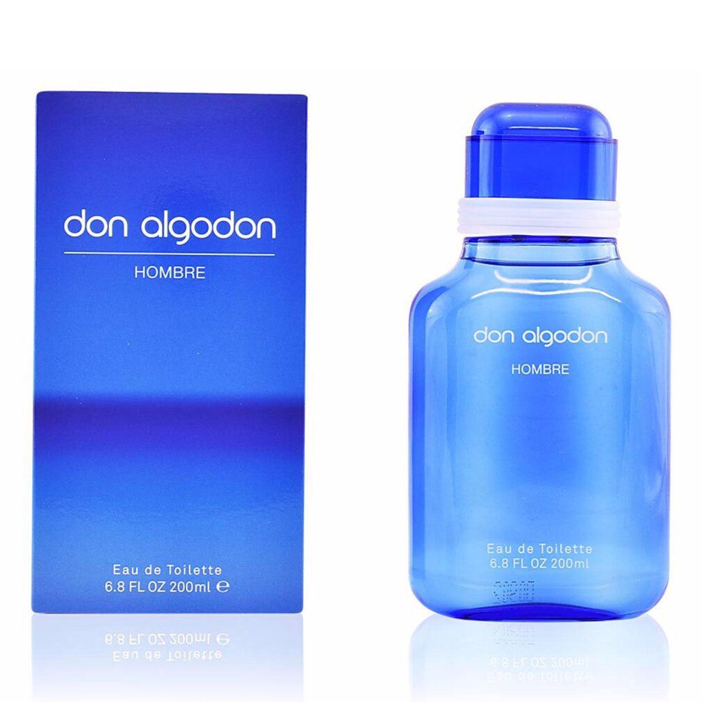 Blaues Eau de Toilette Flakon und Schachtel. Aufschrift: Don Algodón Hombre. Eau de Toilette.