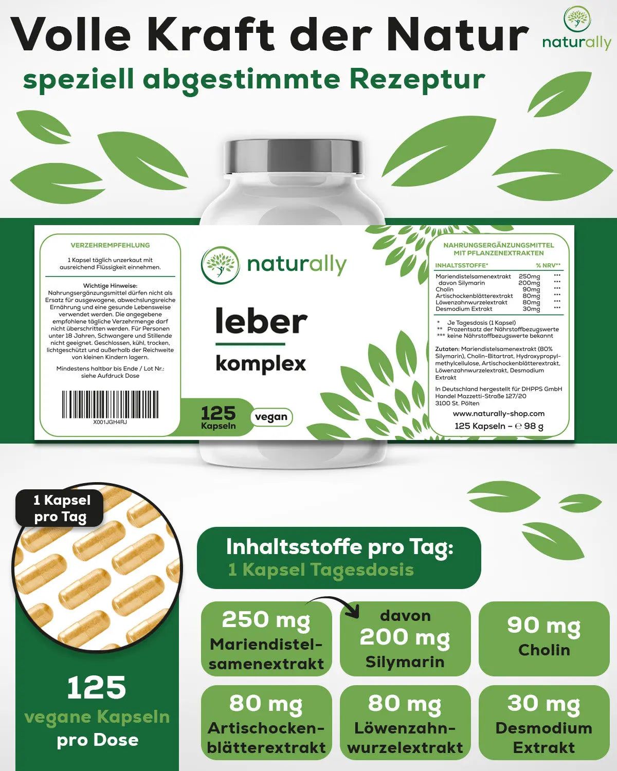 Weiße Flasche mit grünem Etikett. Text: naturally Leber Komplex, 125 Kapseln, vegan. Inhaltsstoffe: Mariendistel, Silymarin, Cholin, Artischocke, Löwenzahn, Desmodium.