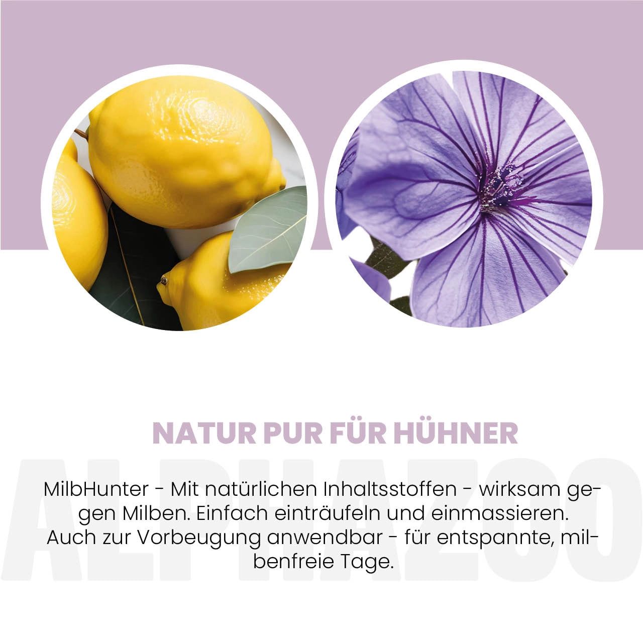Zitronen und lila Blume. Text: Natur pur für Hühner. Wirkstoff gegen Milben. Einfach einträufeln und einmassieren. Auch zur Vorbeugung.