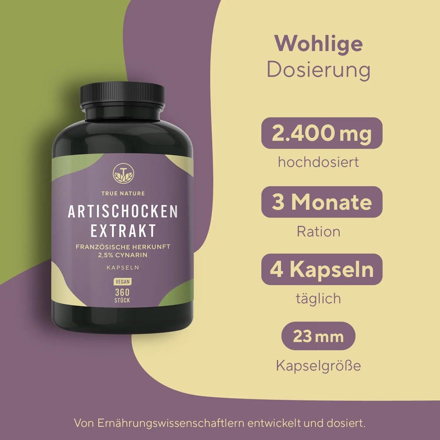 True Nature® Artischocken Extrakt Kapseln mit 2,5% Cynarin - Vegan & Made in Germany 360 St