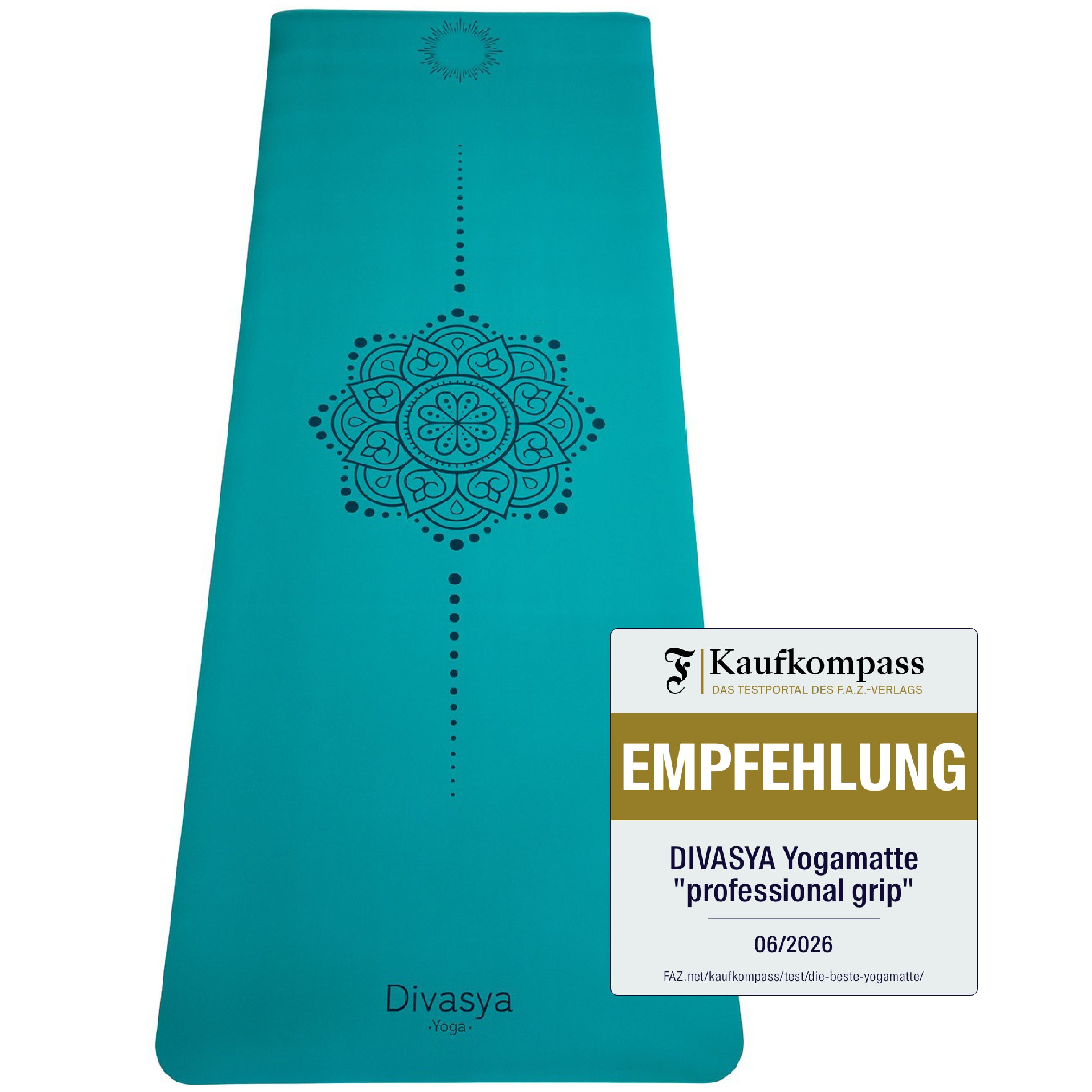 Türkise Yogamatte mit Mandalamuster und "Empfehlung"-Siegel.