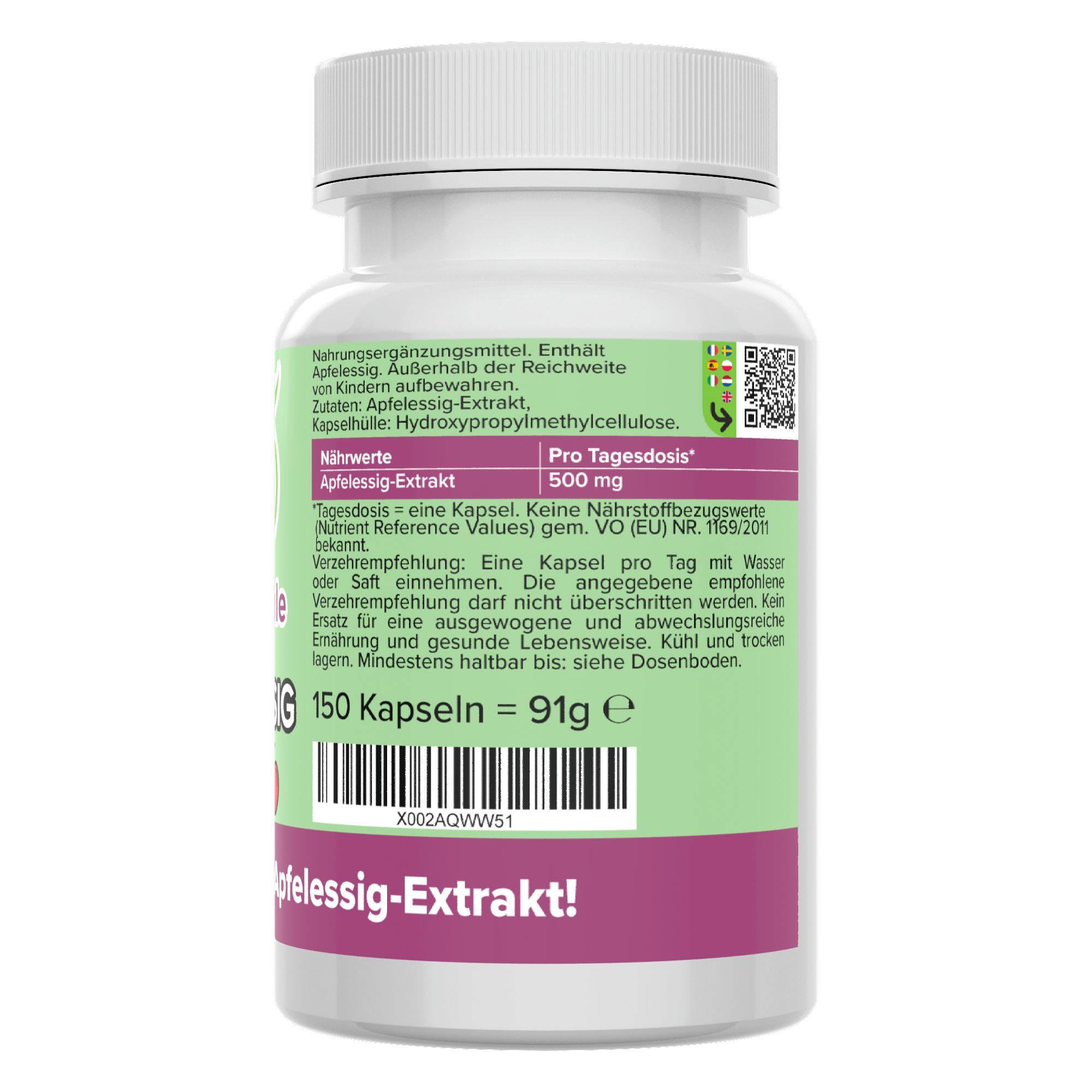 Rückseite der Flasche mit grüner Aufschrift. Enthält Informationen zu Inhaltsstoffen und Nährwerten. 150 Kapseln, 91g.