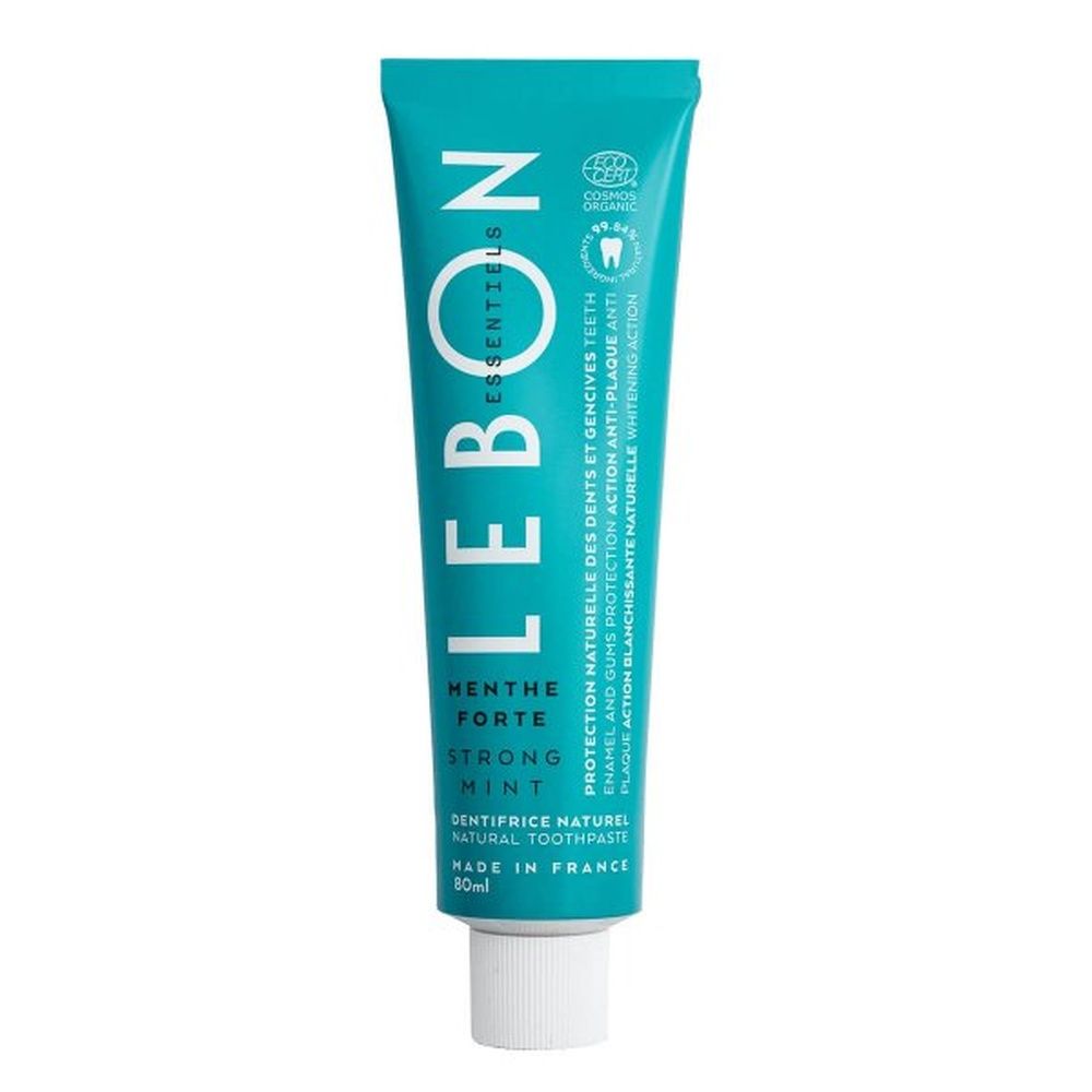 Türkisfarbene Zahnpasta-Tube mit weißem Verschluss. Aufschrift: LEBON, Strong Mint. Bio-Zertifizierung.