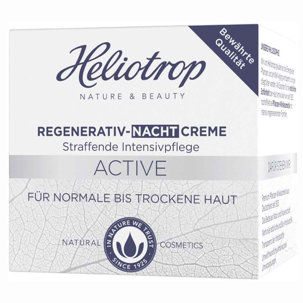 Weißer Karton mit Produktnamen Heliotrop, Regenerativ-Nacht Creme, Active. Für normale bis trockene Haut. Siegel: Natural Cosmetics.