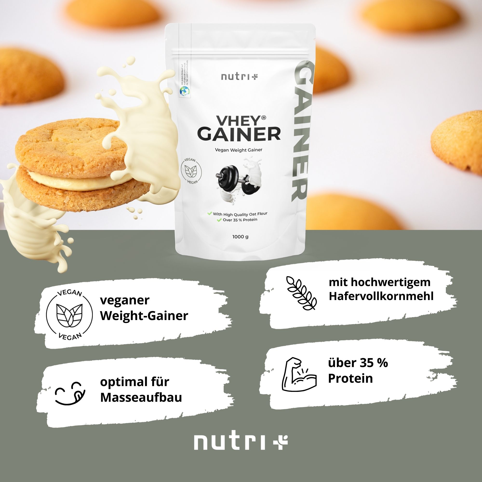 Weiße Standbeutel mit "nutri+" Logo und "VHEY GAINER" Schriftzug. Vegan-Siegel. Mit Text: "veganer Weight-Gainer", "mit hochwertigem Hafervollkornmehl".