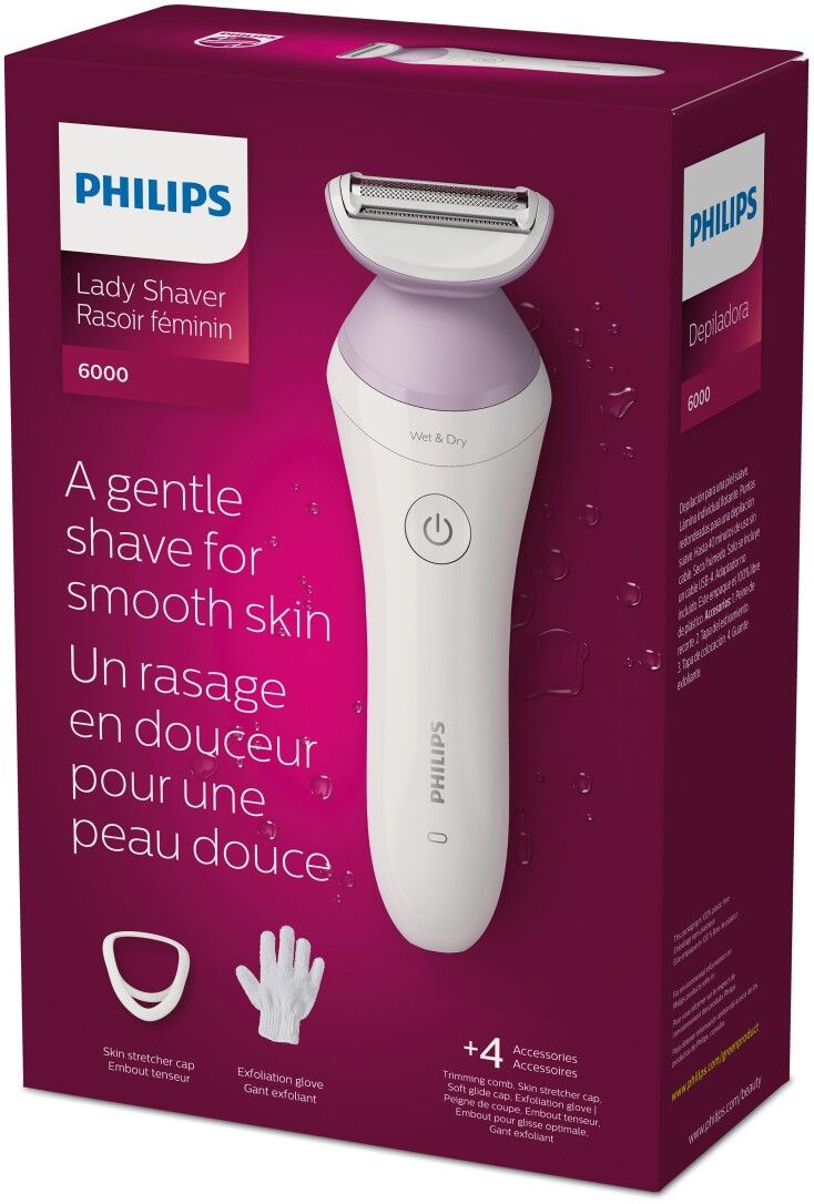 Verpackung des Philips Damenrasierers. Produkt und Zubehör auf lila Hintergrund. Text: 'Lady Shaver' und '6000'.