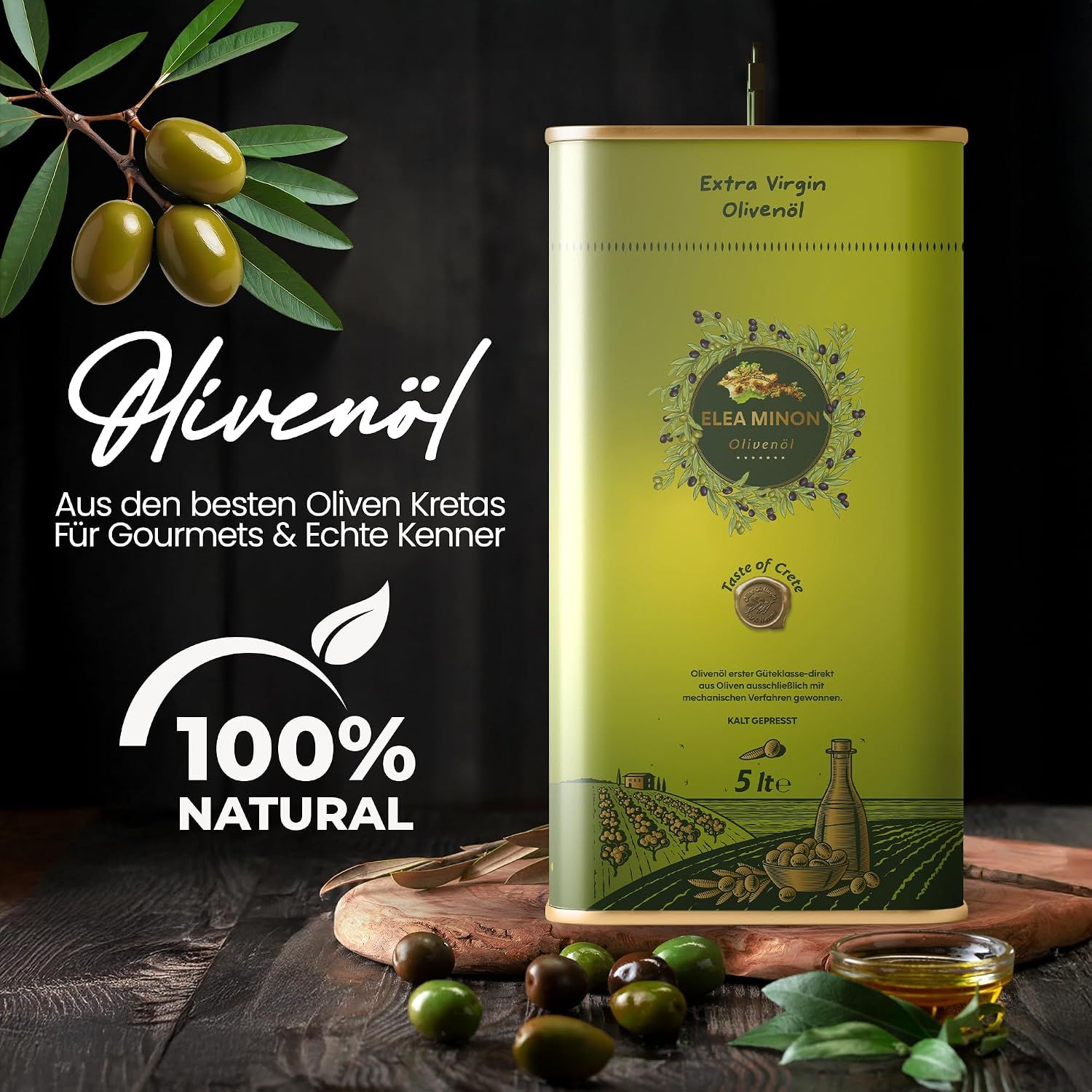 Kanister mit nativem Olivenöl Extra, 5 Liter, mit Olivenzweig und Text '100% NATURAL'.