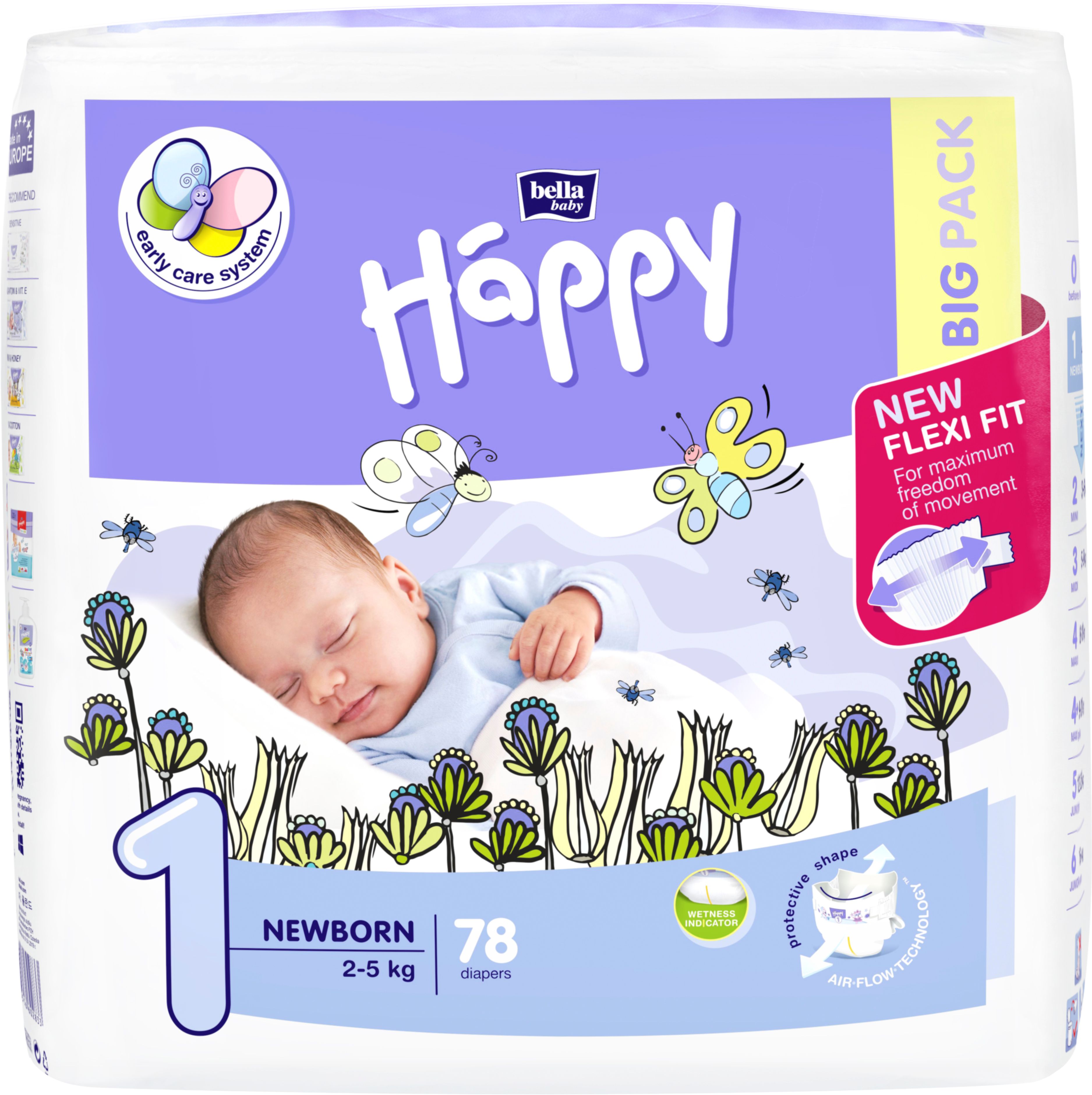 Verpackung "Bella Happy" Windeln. "Big Pack". Baby schläft. Größe 1. 78 Stück. Mit Flexi Fit.
