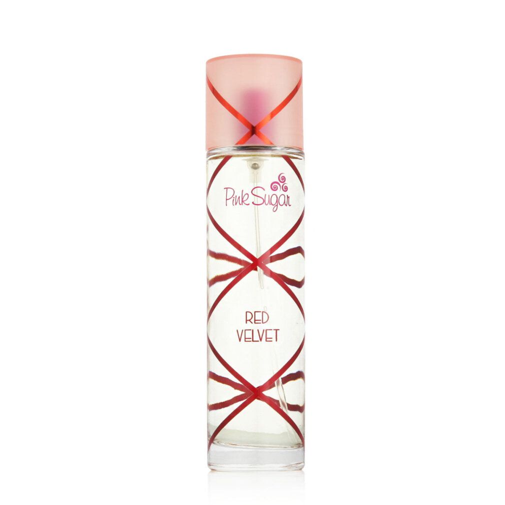 Parfümflasche mit roter Schleifenverzierung. Aufschrift: Pink Sugar Red Velvet.