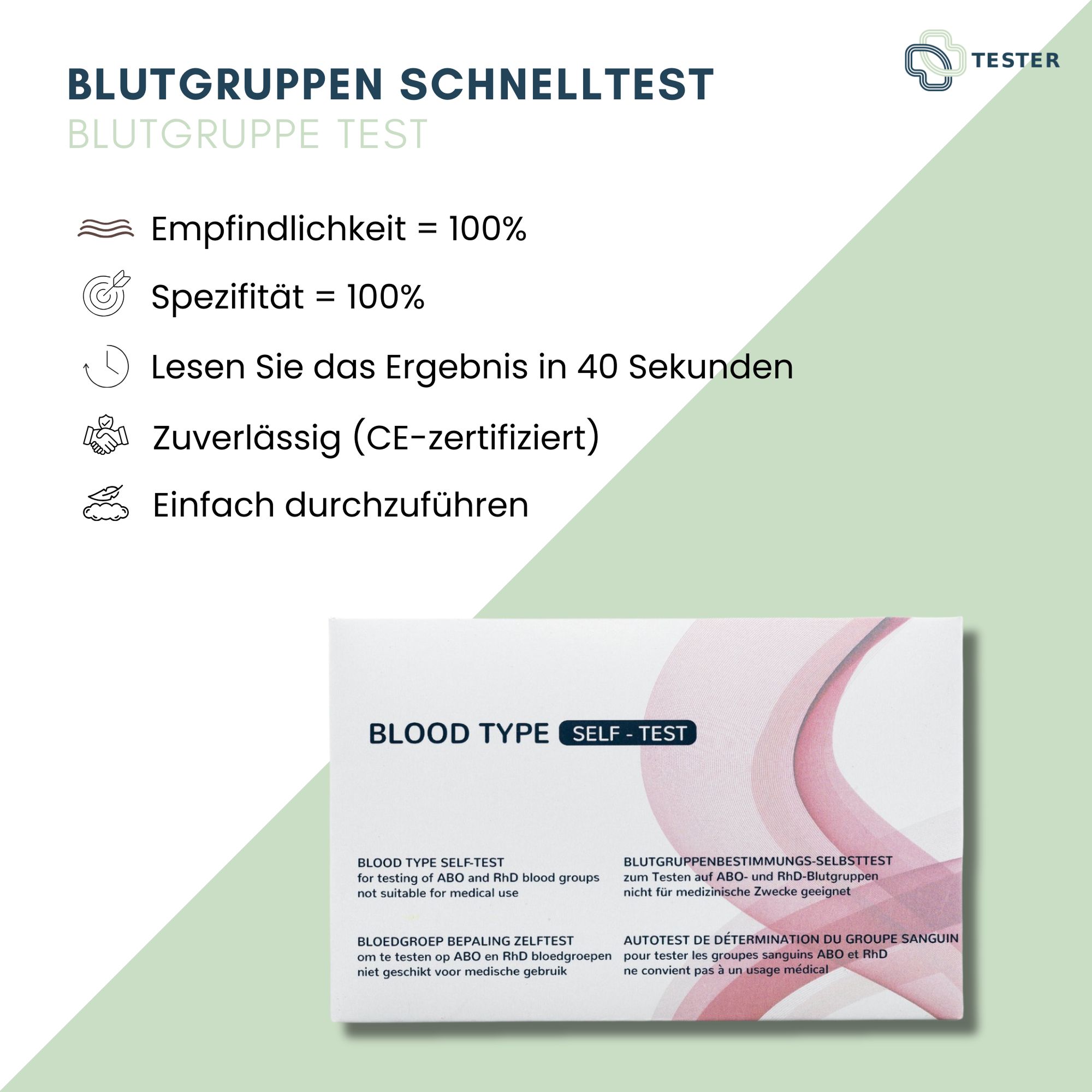 Produktverpackung mit Text: Blutgruppen Schnelltest, Blood Type Self-Test. Informationen zu Empfindlichkeit, Spezifität, Ergebniszeit und Zertifizierung.
