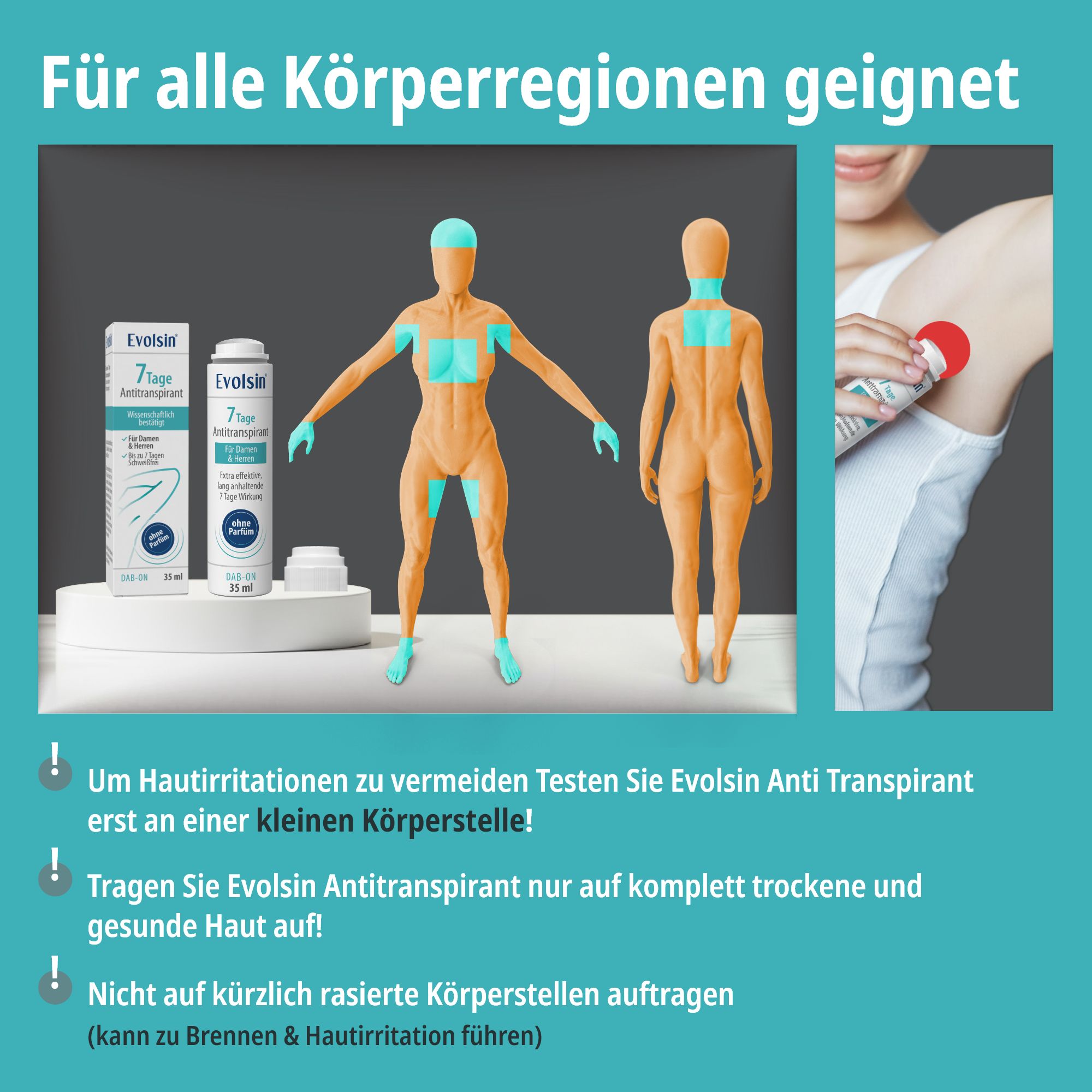 Evolsin 7 Tage Antitranspirant-Flaschen. Abbildung von Körperregionen. Text: Für alle Körperregionen geeignet. Anwendungshinweise.