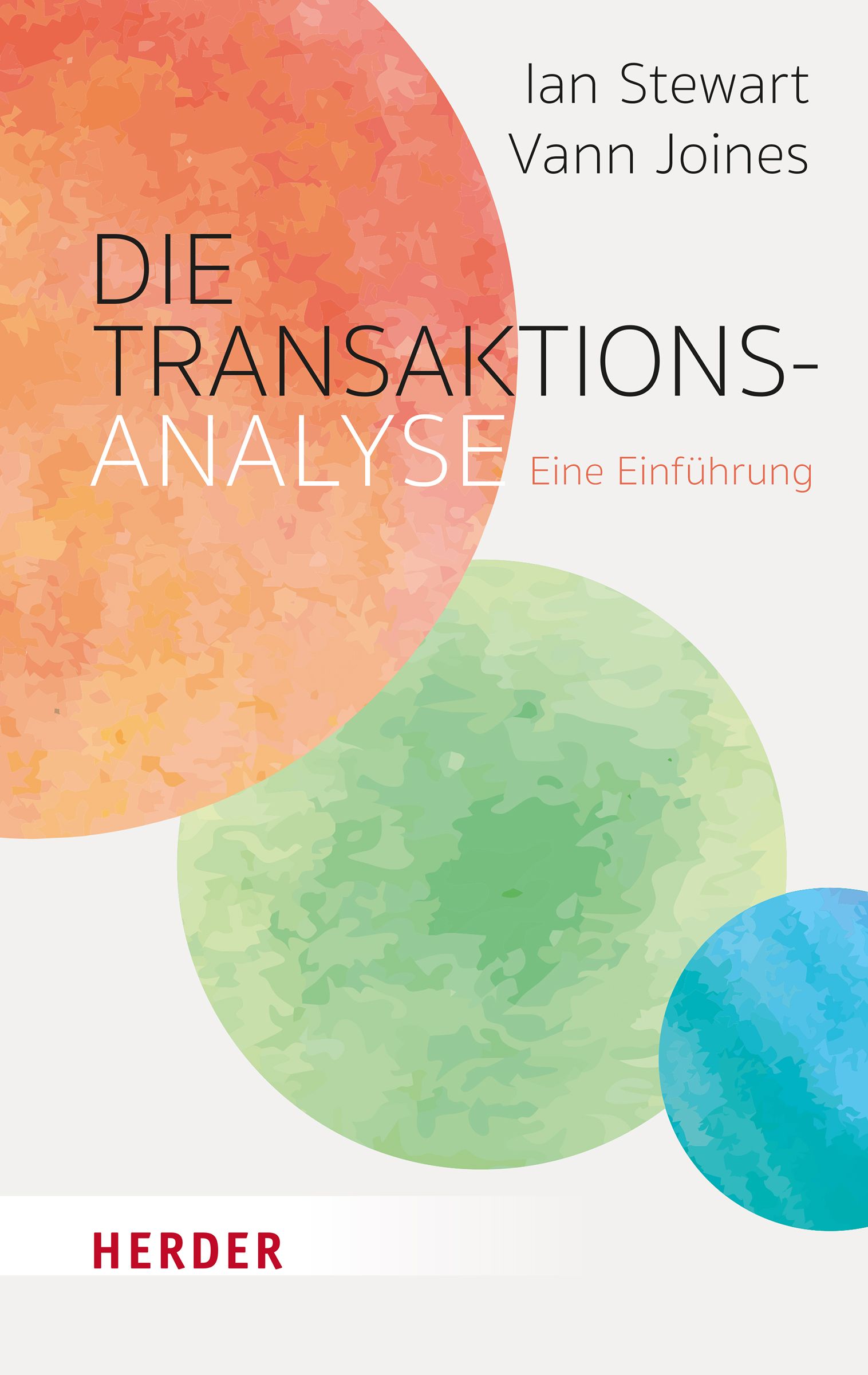 Buchcover mit Titel "Die Transaktionsanalyse". Autoren: Ian Stewart, Vann Joines. Verlag: Herder. Hintergrund: farbige Kreise.