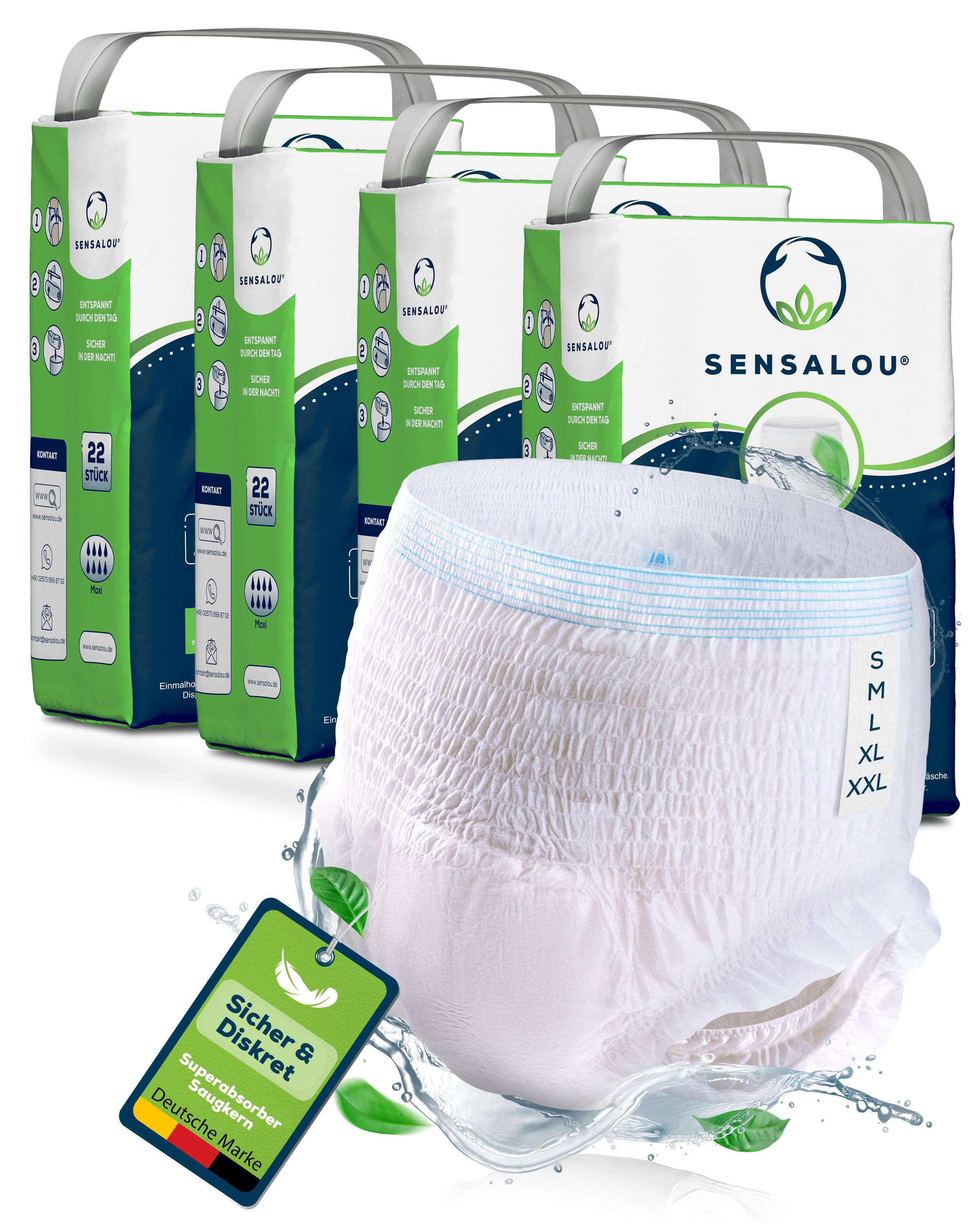 Mehrere Packungen Sensalou Inkontinenz Pants. Einzelne Pants, Größe S, mit grünen Blättern und Wasser.