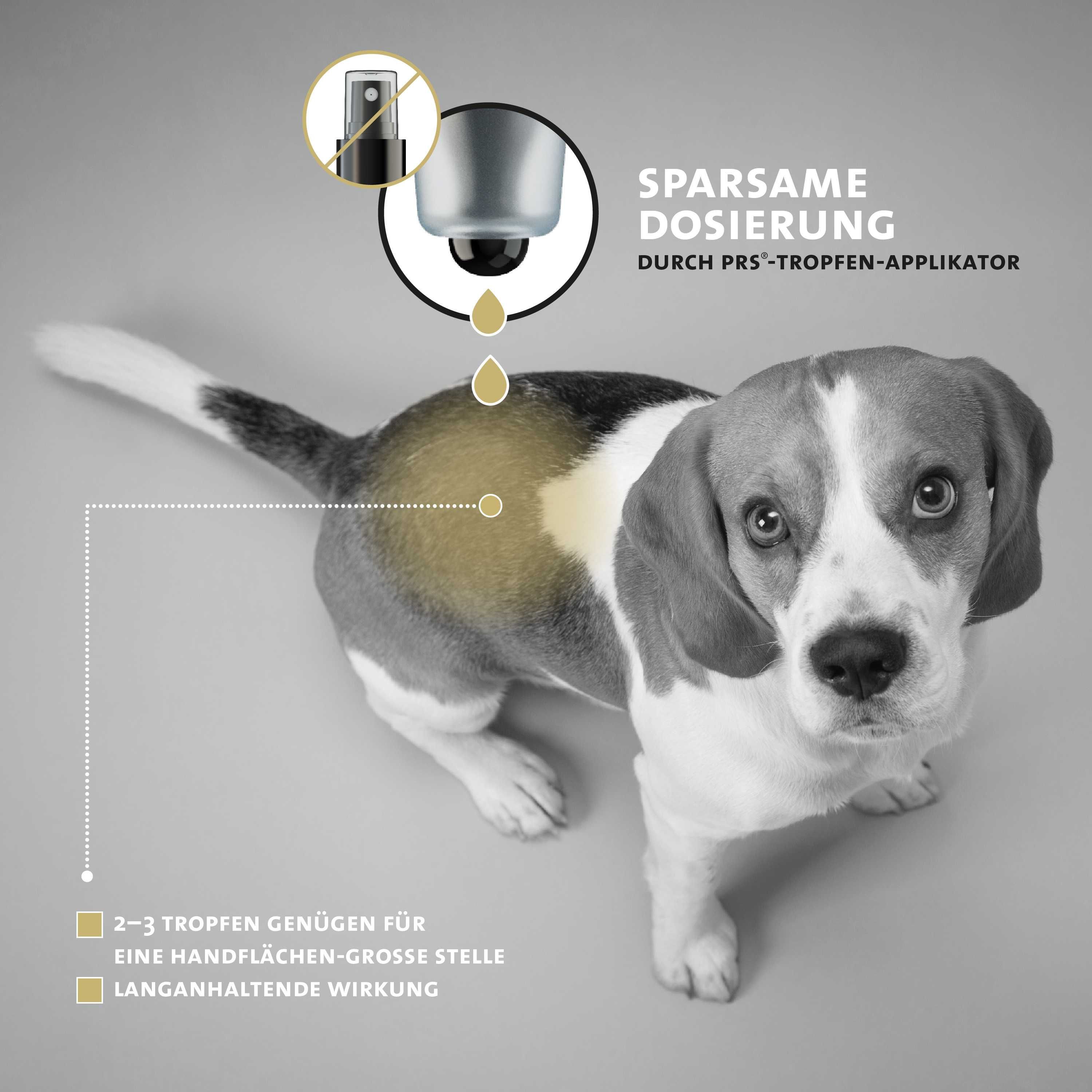 Hund mit Tropfen-Applikator. Text: Sparsame Dosierung durch PRS-Tropfen-Applikator.