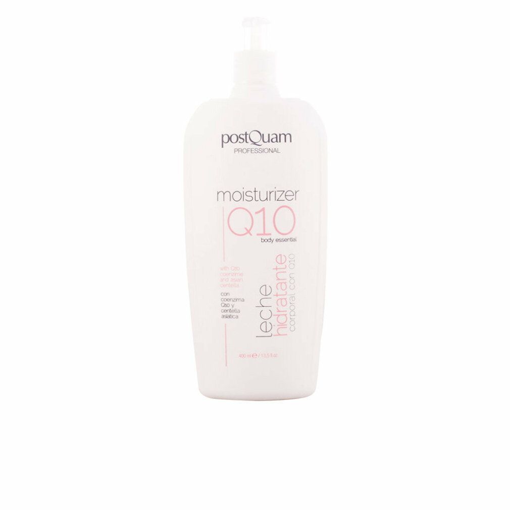 Weiße Flasche mit Pumpe. Aufschrift: POSTQUAM, moisturizer Q10, leche hidratante. Produkt für Körperpflege.