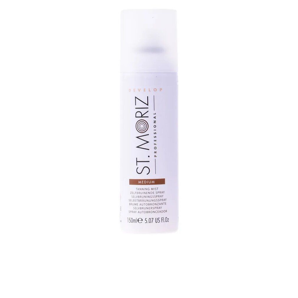 St. Moriz Selbstbräunungsspray. Weiße Flasche mit braunen und schwarzen Texten. "Medium" und "150ml" sind sichtbar.