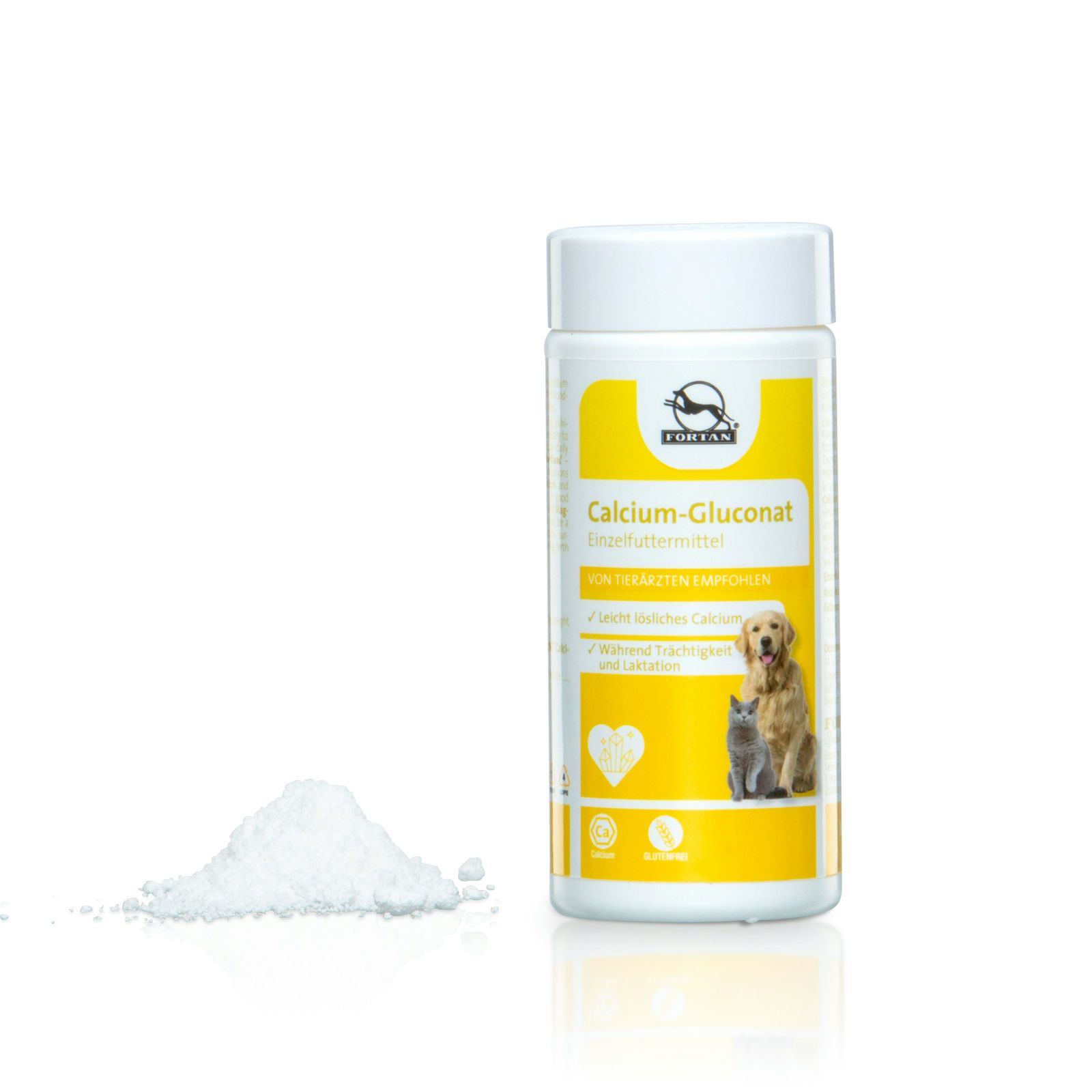 Weiße Dose mit gelbem Etikett. FORTAN Calcium-Gluconat. Hund und Katze abgebildet. Haufen weißes Pulver daneben. Enthält Calcium.
