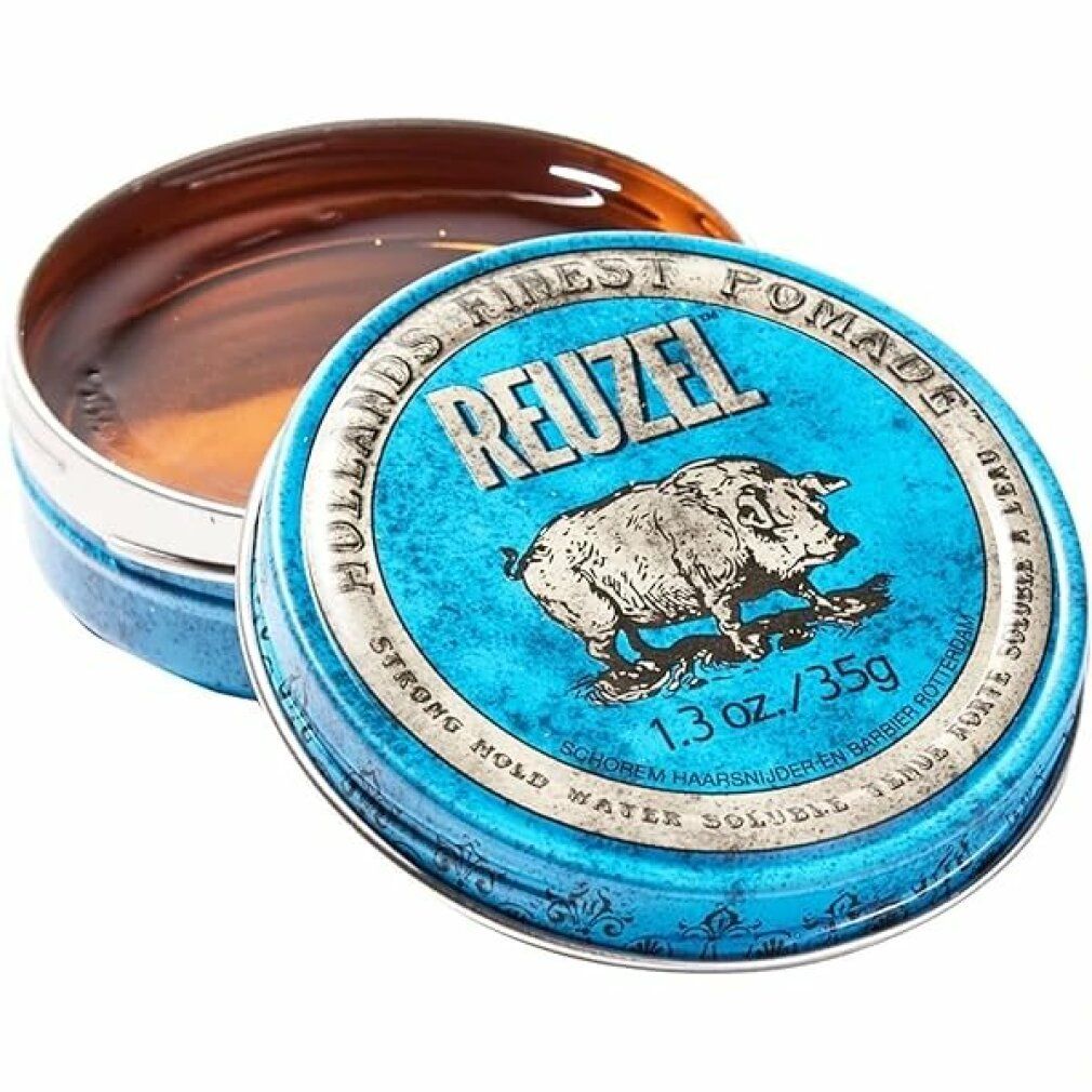 Geöffnete, blaue Dose mit silbernem Rand. Aufschrift: Reuzel, Hollans Finest Pomade. Schweine-Illustration. Inhalt sichtbar.