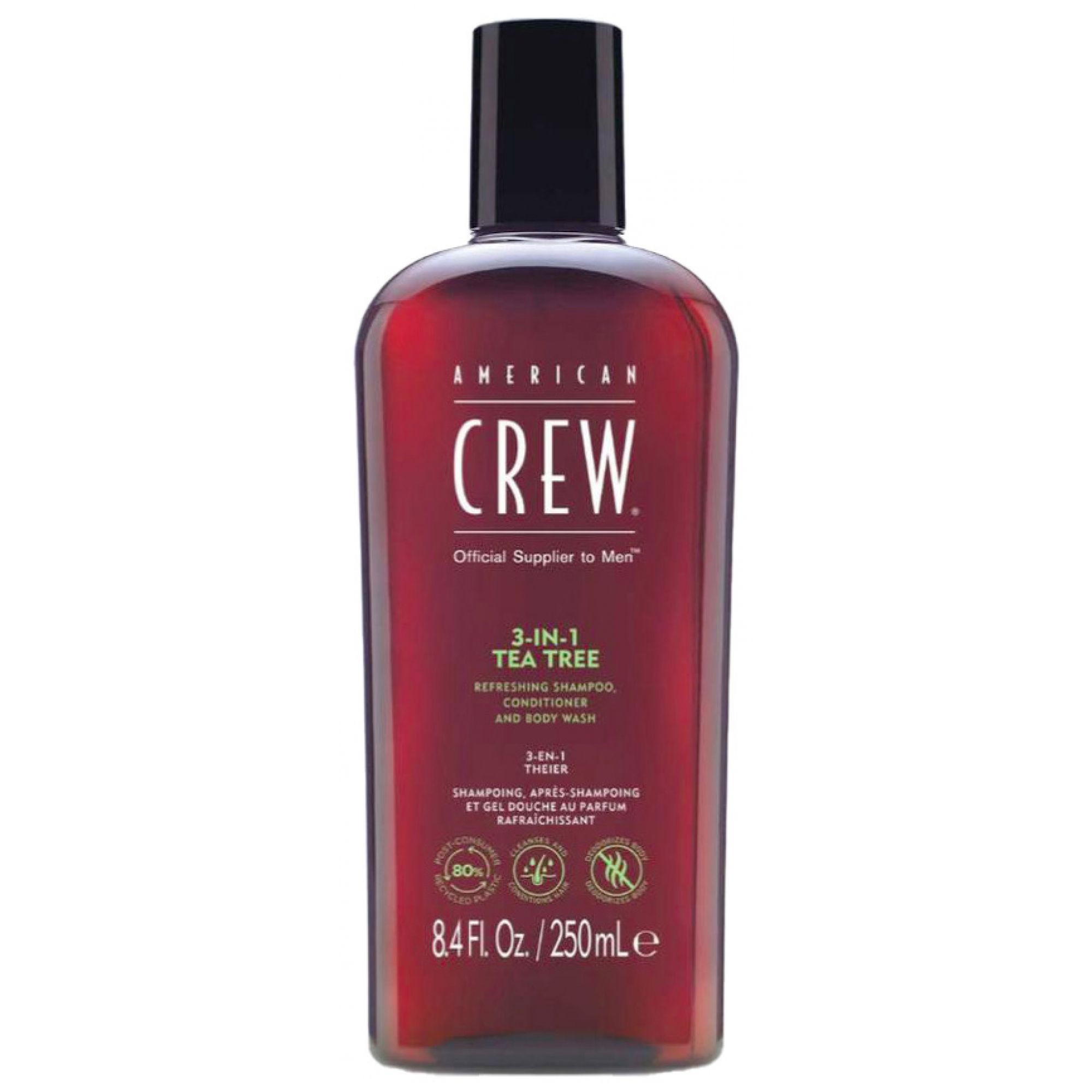 American Crew 3-in-1 Tea Tree erfrischendes Shampoo, Conditioner und Körperwäsche in einer braunen Flasche mit Siegeln.