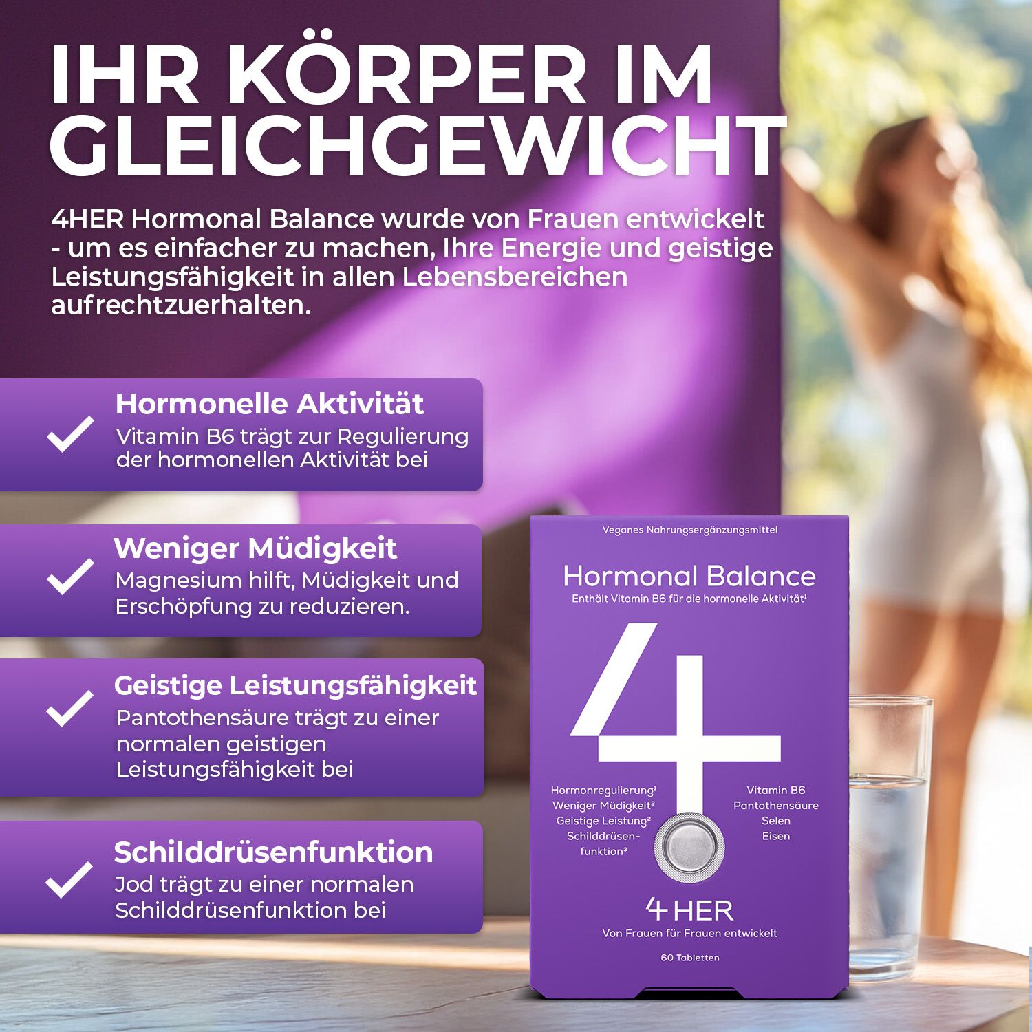 4HER Hormonal Balance - Hormon Balance Frauen - mit Vitamin B6, Selen & Eisen