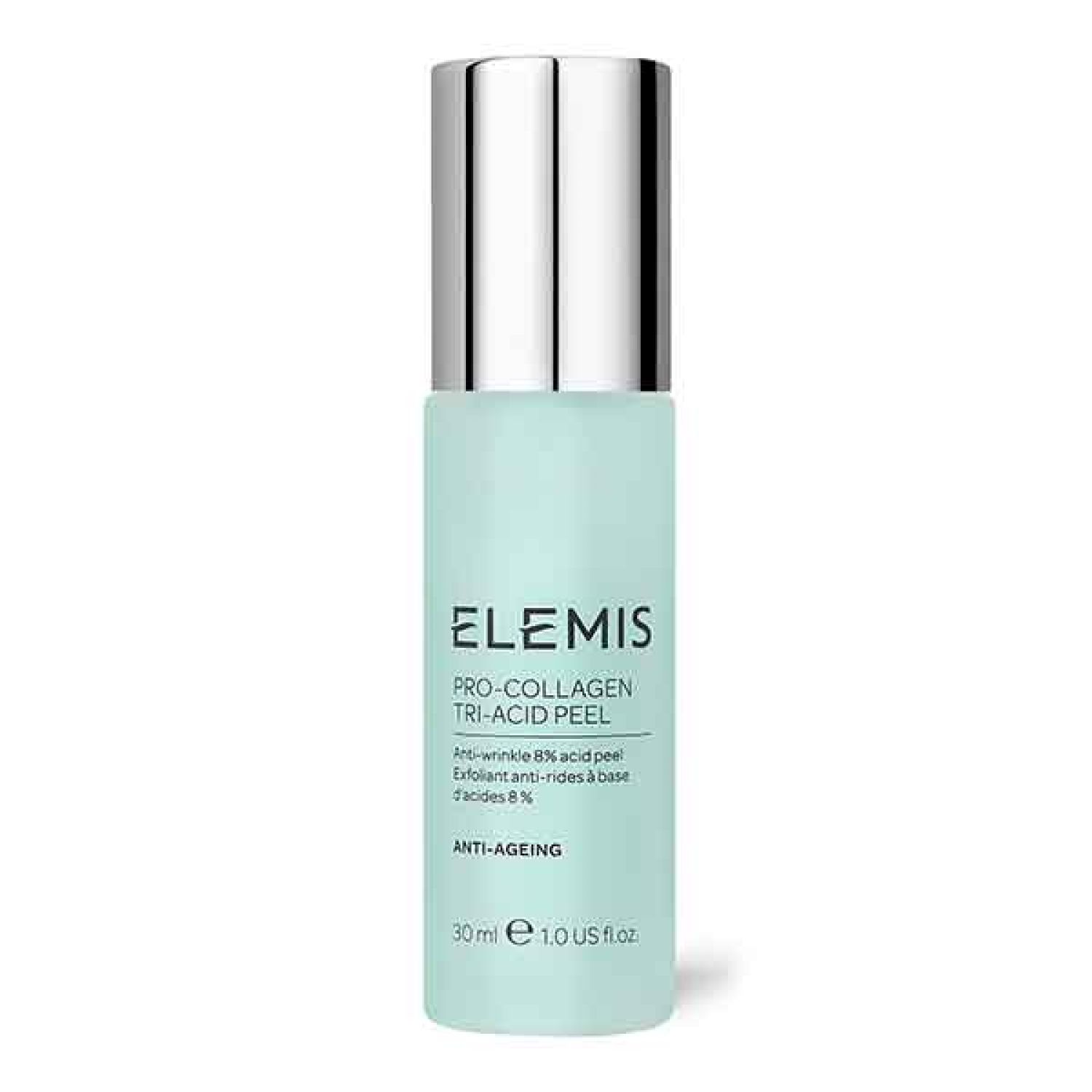 Elemis Pro-Collagen Tri-Acid Peel. Hellgrüne Flasche mit silbernem Deckel. Text: Anti-Ageing, 30 ml.