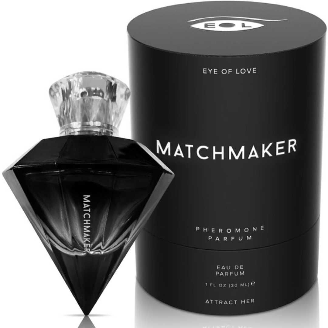 Schwarzer Flakon in Diamantform mit Glasverschluss. Schwarze Verpackung mit "MATCHMAKER" und "EYE OF LOVE" Schriftzug.