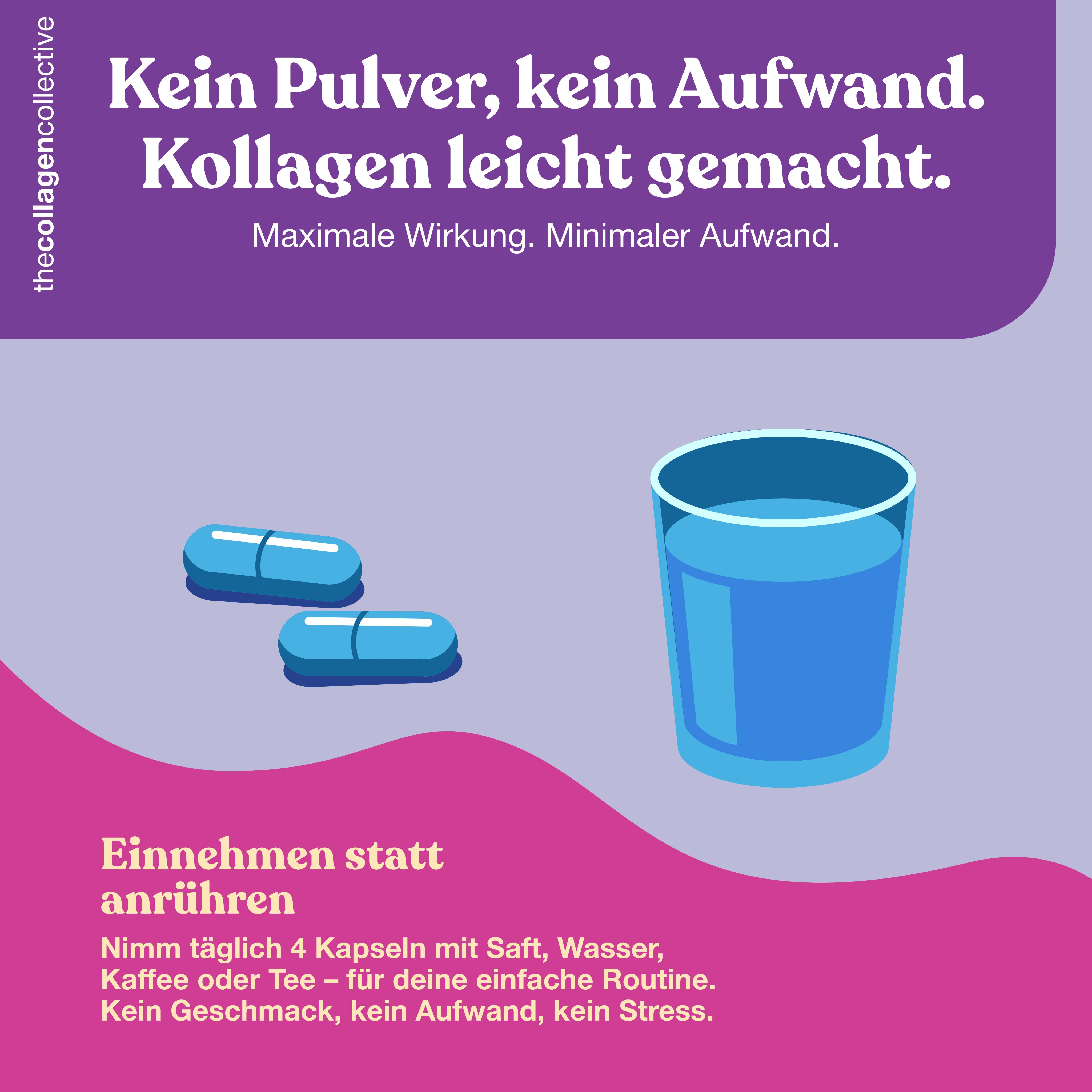 Zwei blaue Kapseln neben einem Glas Wasser. Text: "Kein Pulver, kein Aufwand. Kollagen leicht gemacht."