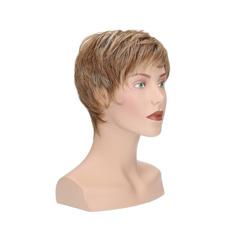 Kurze blonde Perücke auf einem Schaufensterkopf. Dreiviertelansicht, Blick nach links.