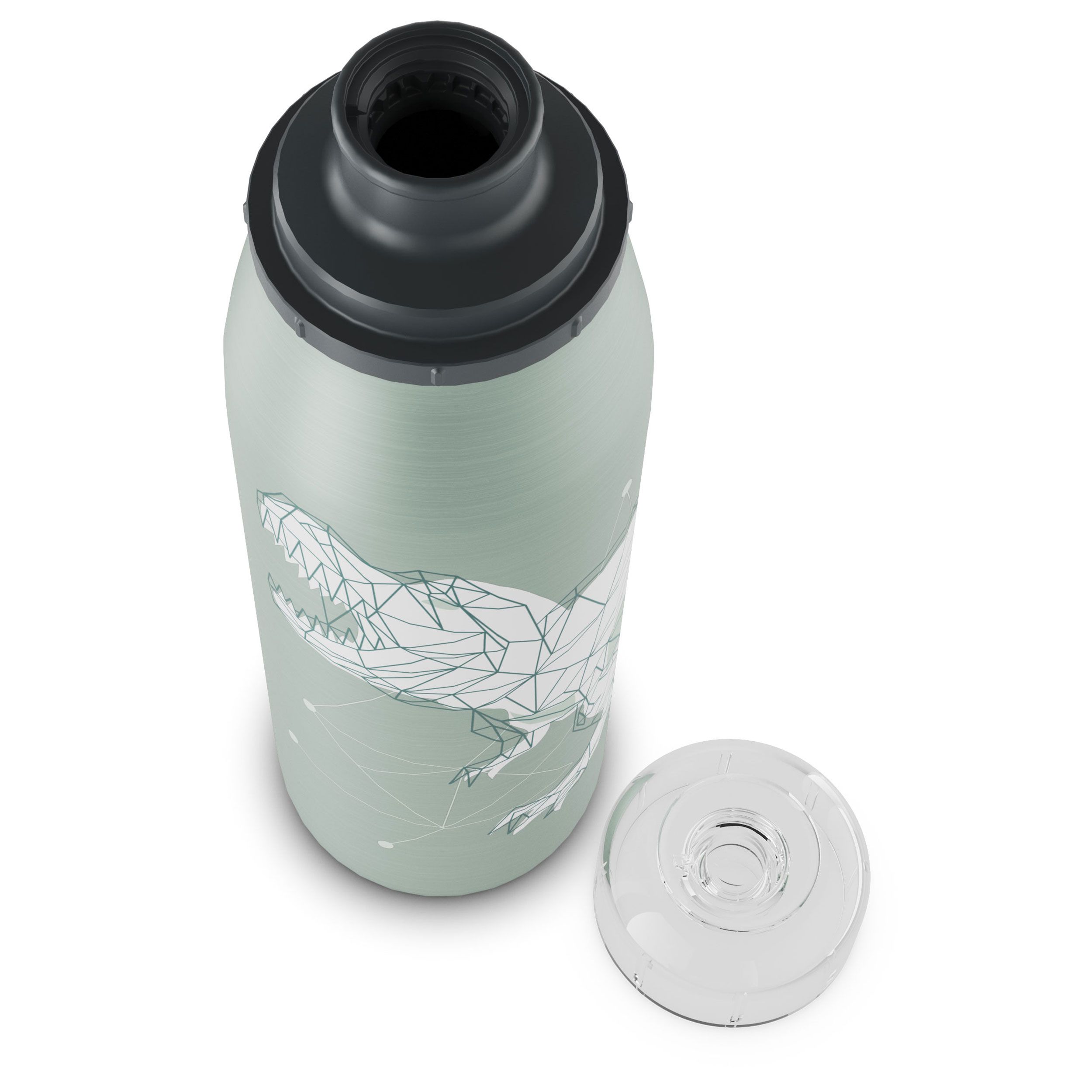 Draufsicht auf die geöffnete grüne Isolierflasche mit Dinosaurier-Motiv und losem Deckel.