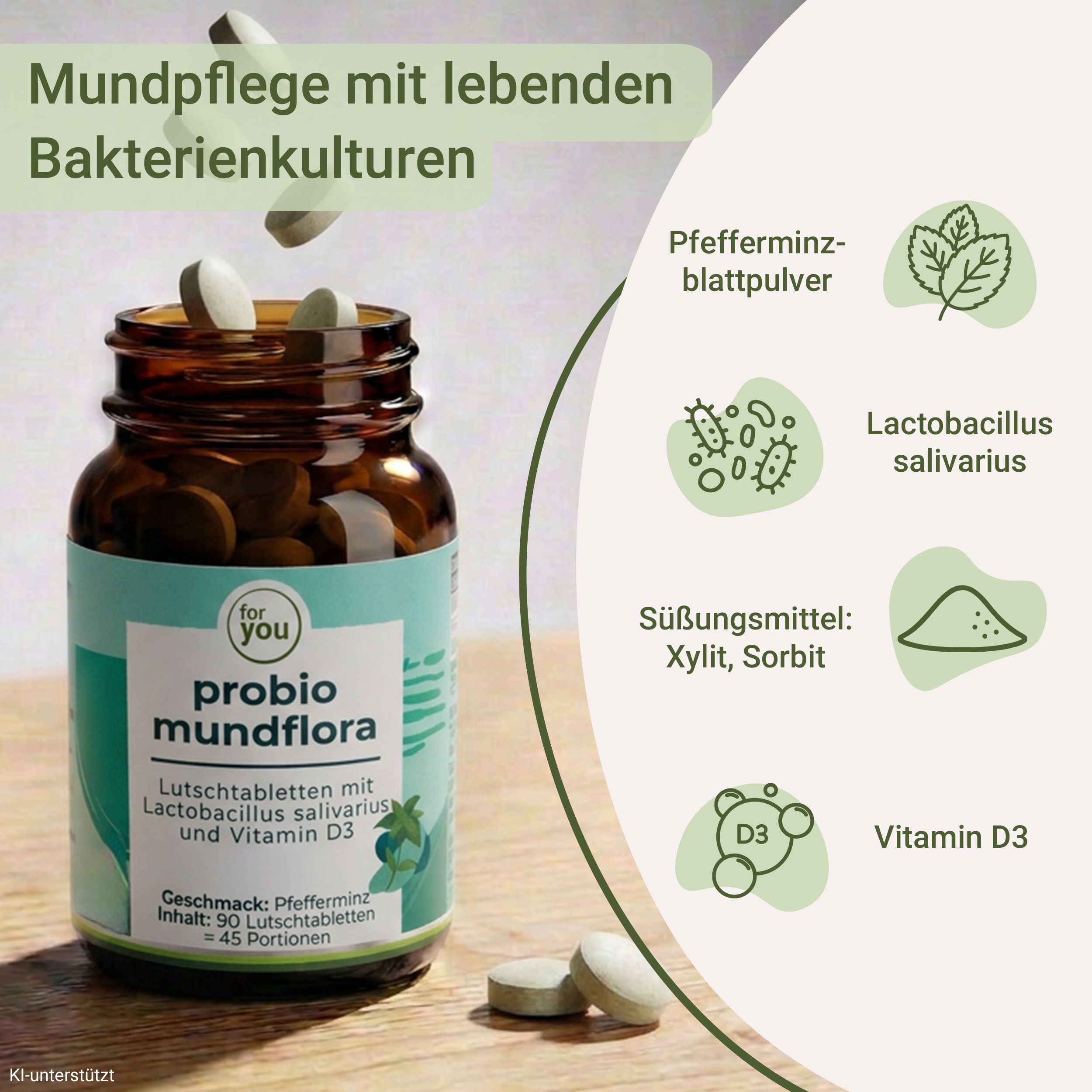 Flasche Probio Mundflora mit Pfefferminzblattpulver, Lactobacillus salivarius und Vitamin D3.