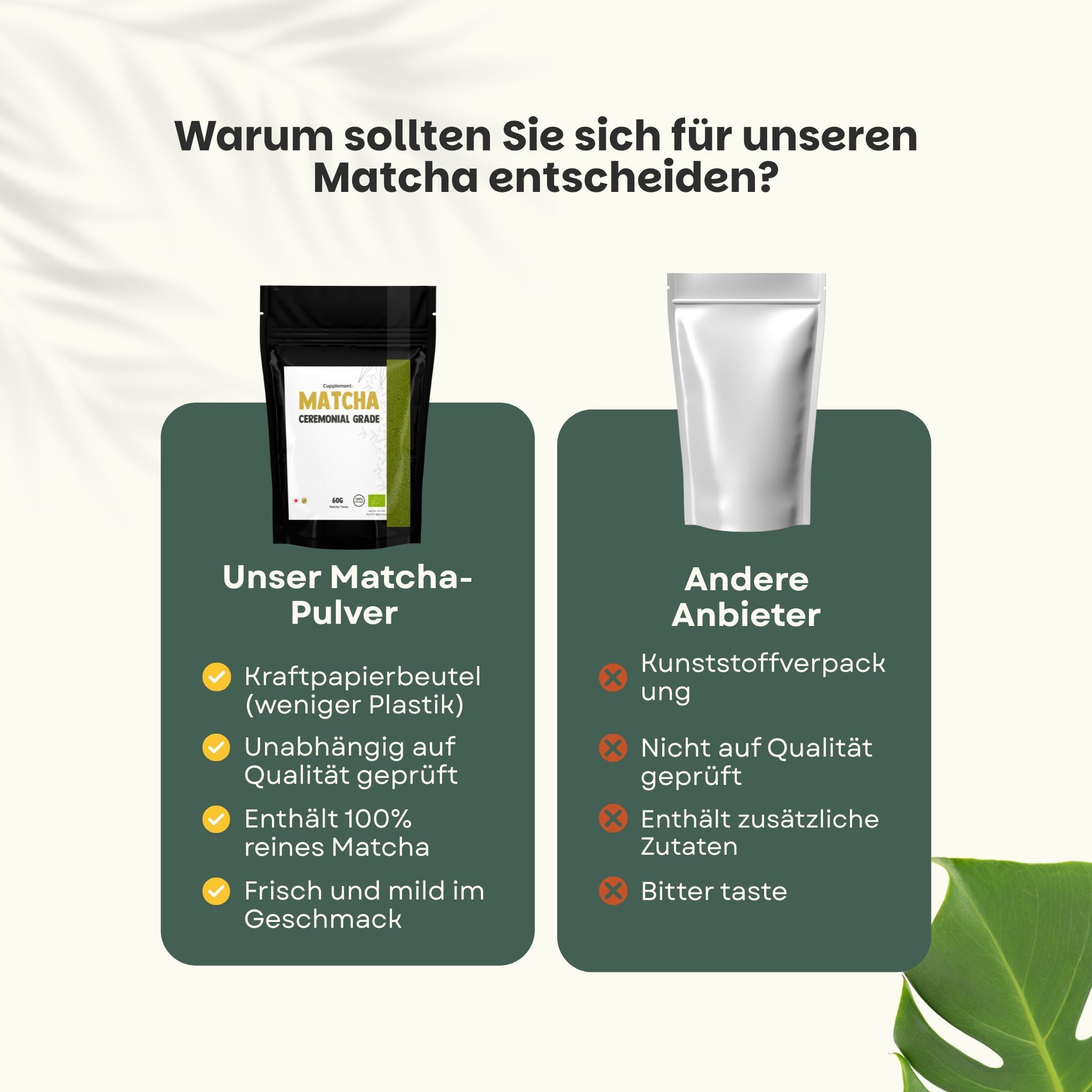 Vergleich: Matcha-Pulver in Kraftpapierbeutel vs. Plastikverpackung. Vorteile und Nachteile.