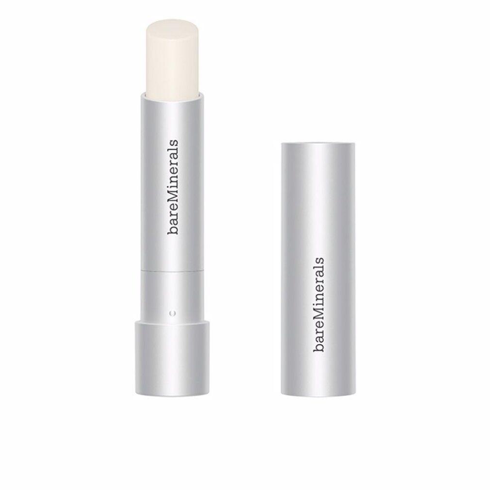 Lippenpflegestift mit silberfarbener Hülse und geöffneter Kappe. Produktname: bareMinerals.
