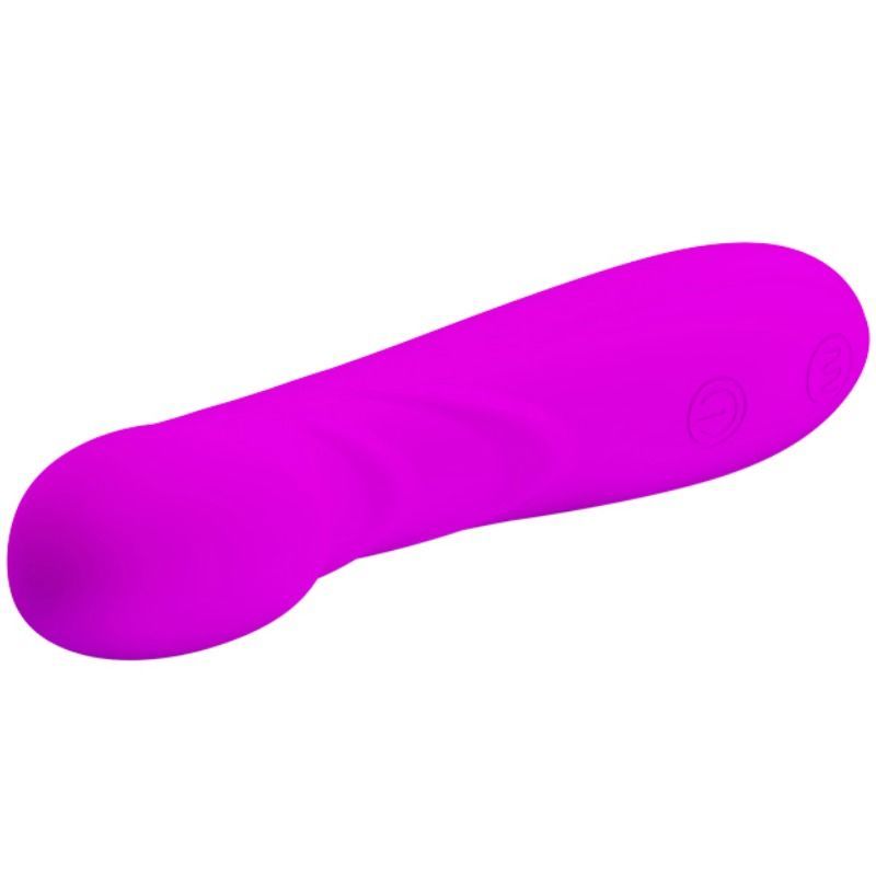 Lila Vibrator mit geschwungener Form. Zwei Knöpfe an der Basis.