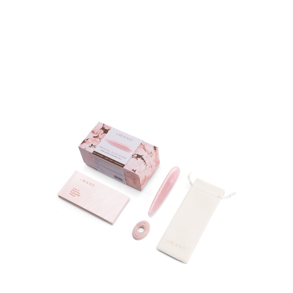 Kristall-Wand, Zubehör und Verpackung. Rosa Wand, Beutel, Broschüre und Ring.