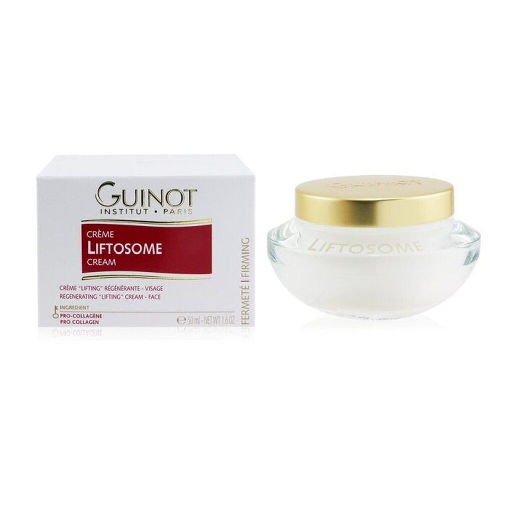 Creme-Tiegel und Schachtel. Auf der Schachtel steht Guinot und Liftosome. Der Tiegel hat einen goldenen Deckel.