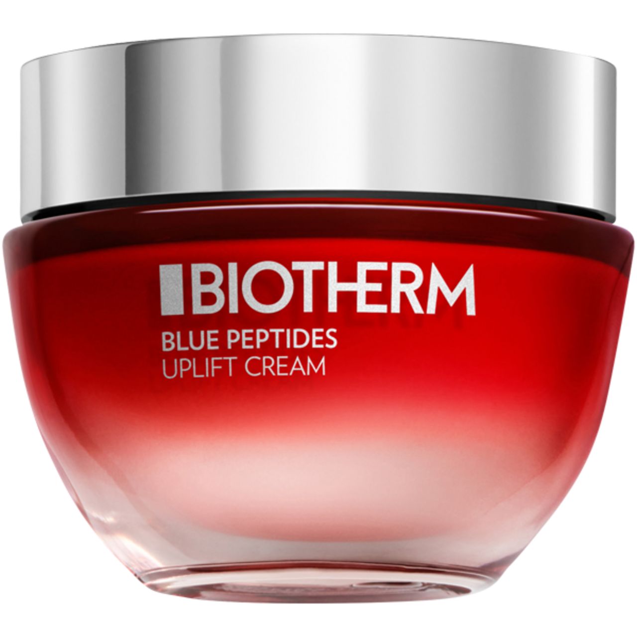 Roter Tiegel mit silbernem Deckel. Aufschrift: BIOTHERM BLUE PEPTIDES UPLIFT CREAM.