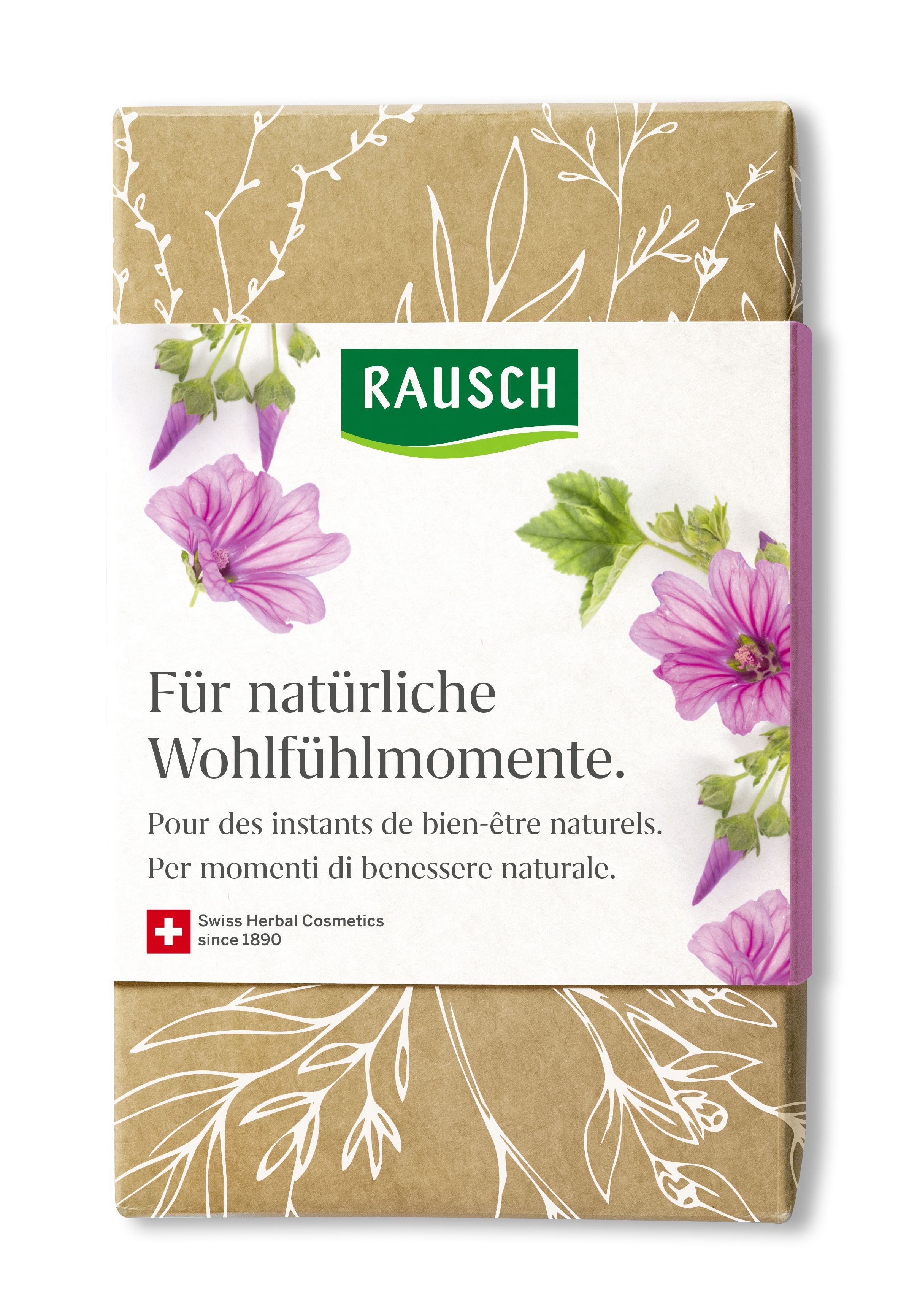 Geschenkset mit floralem Design und Text. Enthält Produktnamen und Slogan. Swiss Herbal Cosmetics Logo.