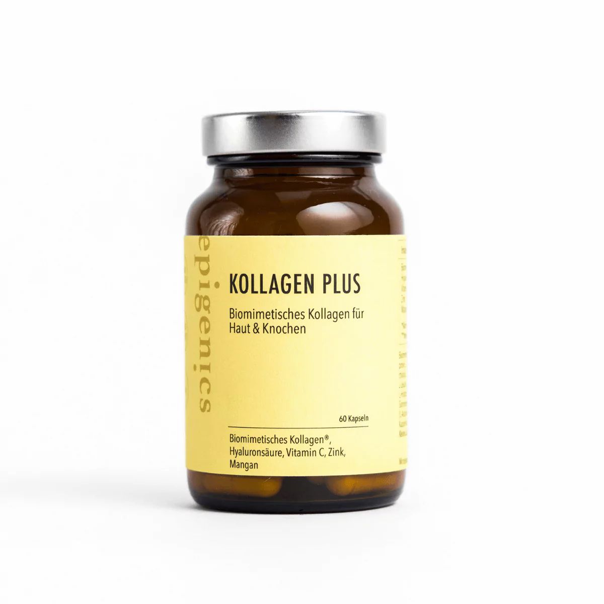Braune Glasflasche mit gelbem Etikett und silbernem Deckel. Beschriftung: Kollagen Plus.